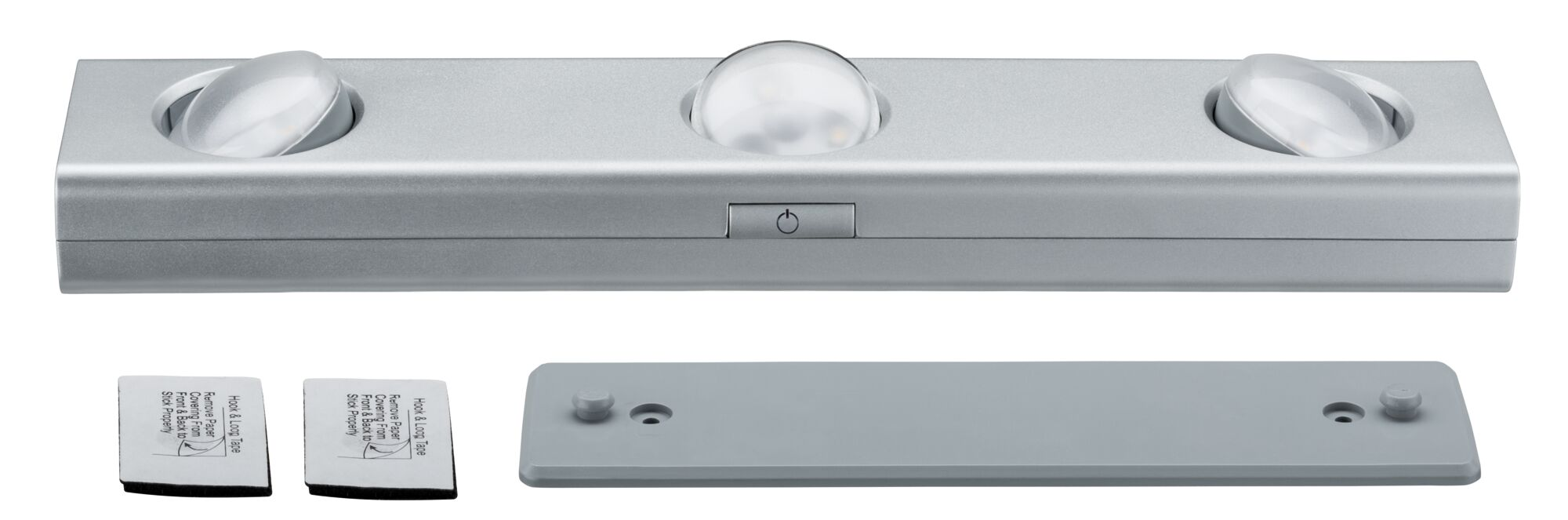 Silbernes LED-Licht mit Bewegungssensor, Montageplatte und Klebestreifen.