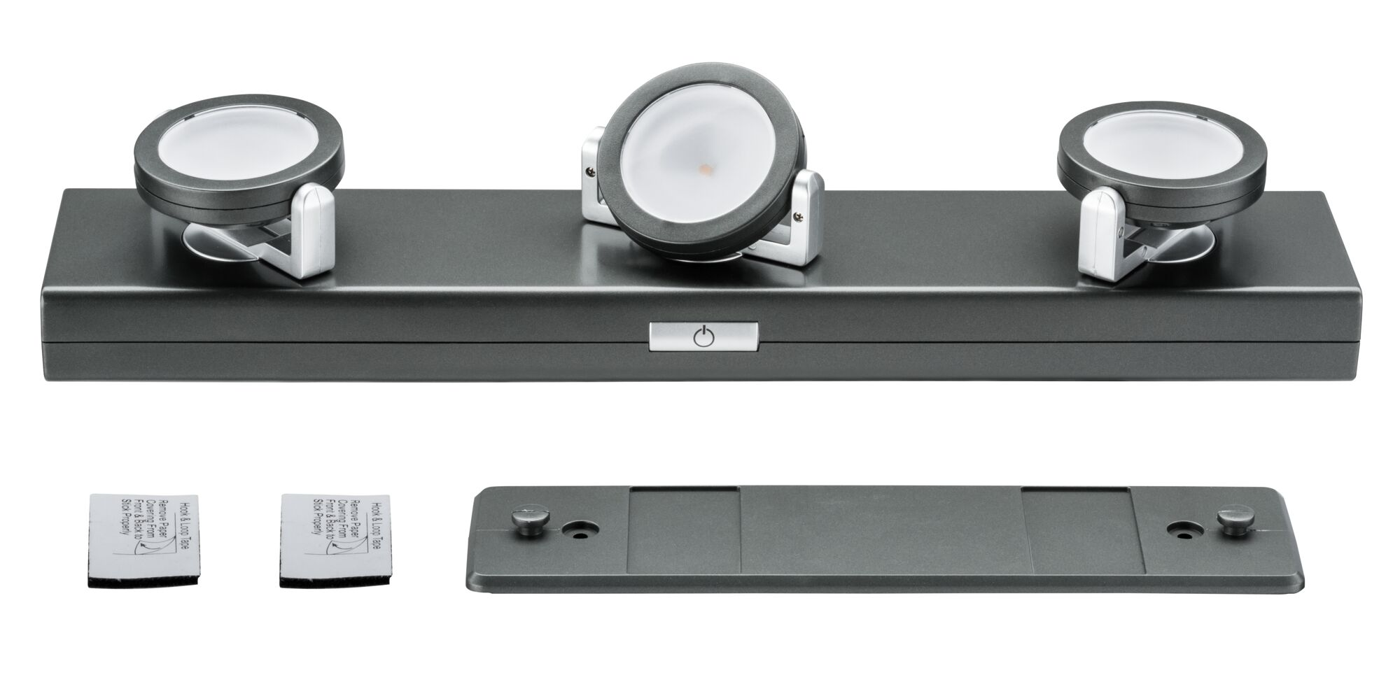 Graues Lichtband mit drei verstellbaren Strahlern, Befestigungsmaterial.