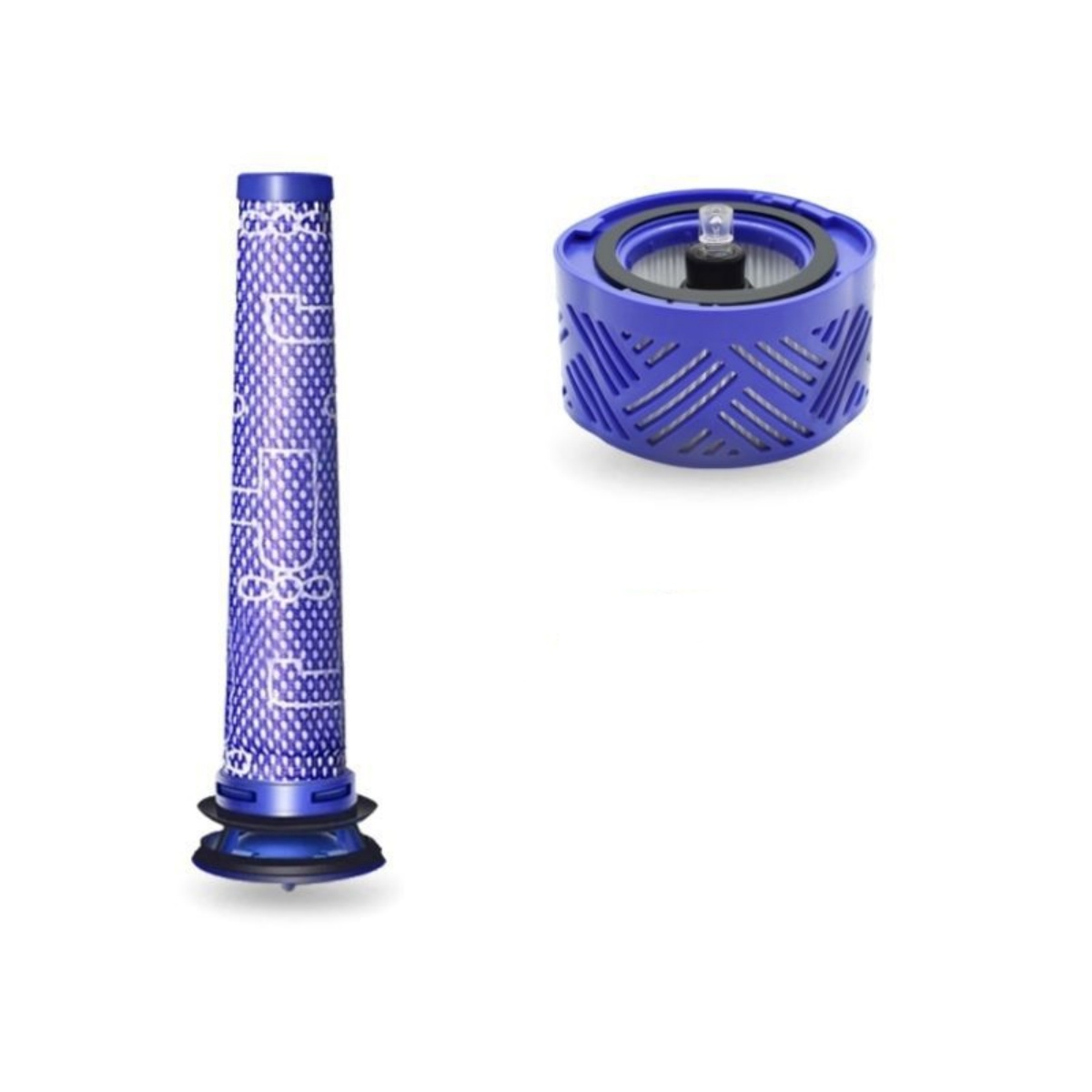 Zwei blaue Staubsaugerfilter: ein zylindrischer, ein hoher und dünner.
