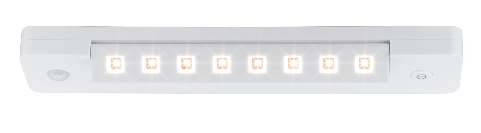 Weiße Leuchte mit 8 hellen LEDs, Bewegungsmelder und Schalter.