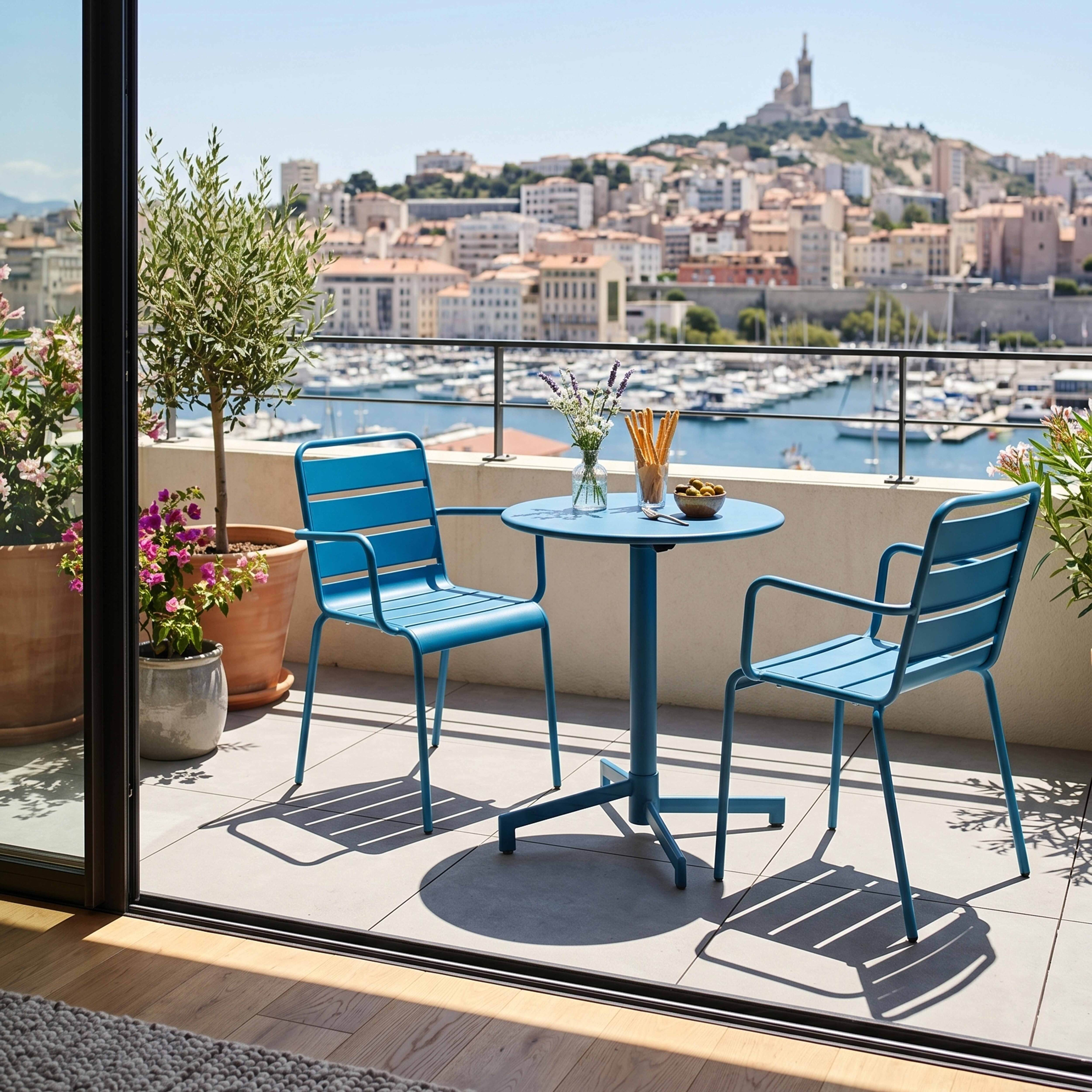 Balkon mit blauen Stühlen und Tisch, Blick auf Hafen und Stadt.