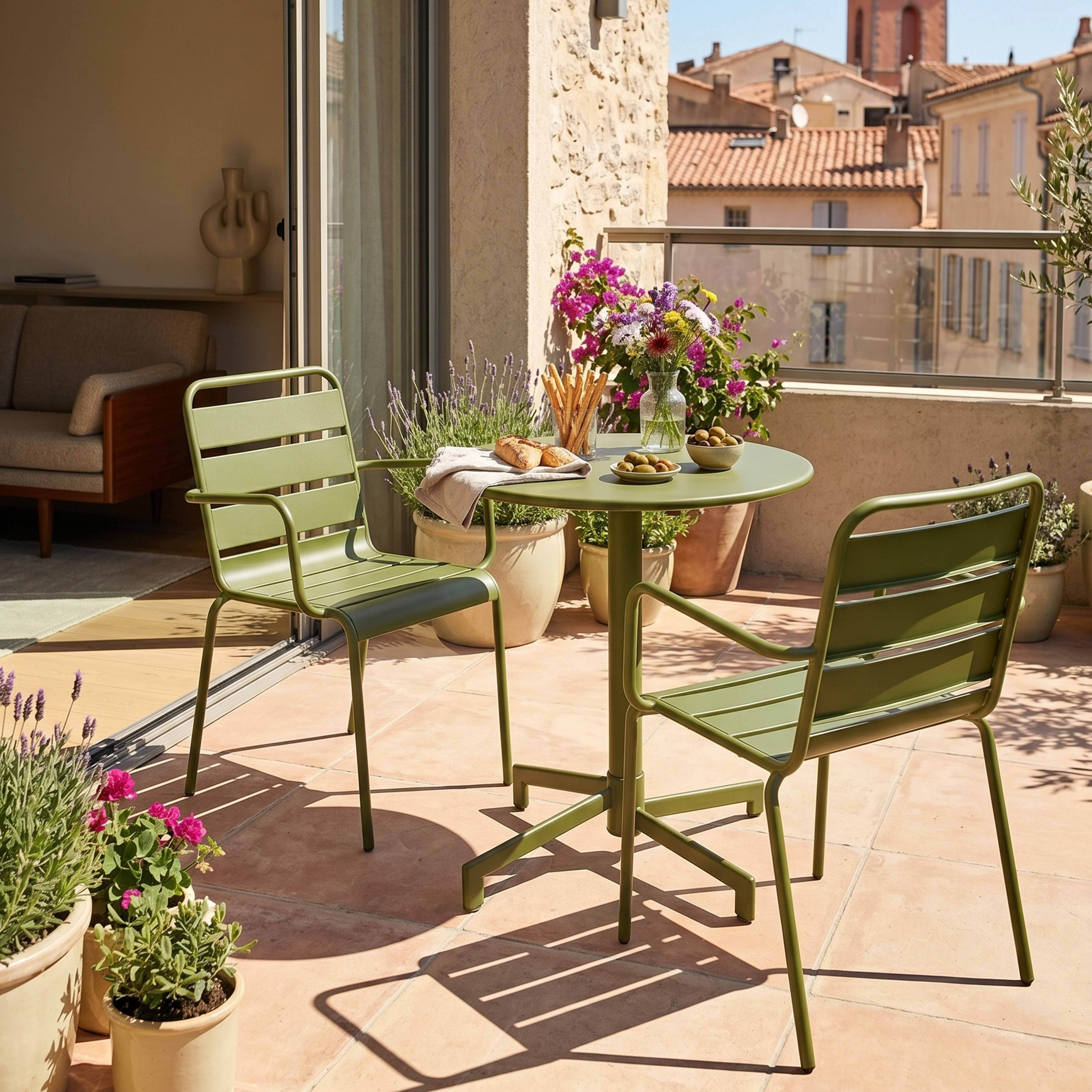 Grüne Gartenmöbel auf einer Terrasse mit Blumen und Blick auf Gebäude.