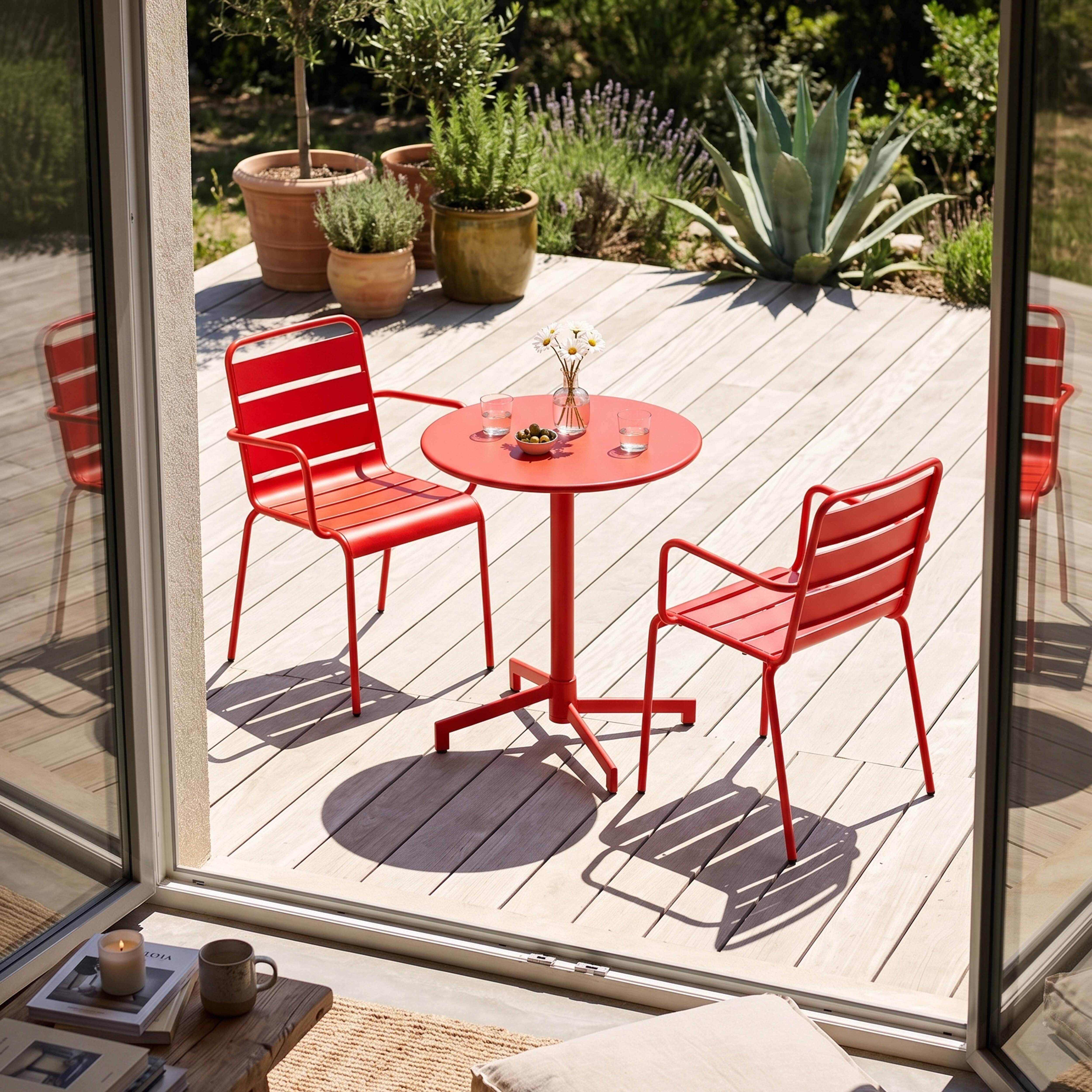 Zwei rote Stühle und ein Tisch mit Gläsern und Oliven auf einer Holzterrasse.