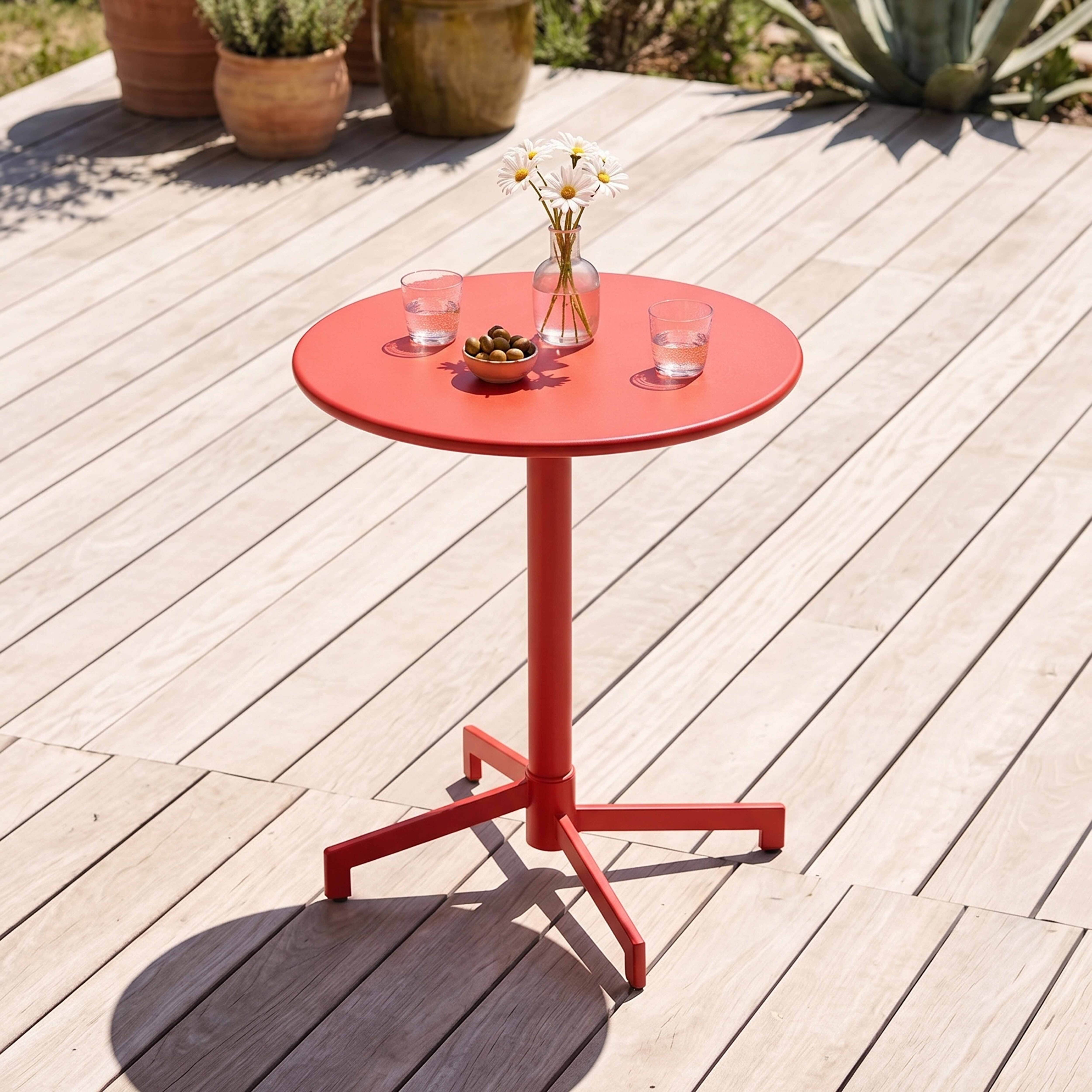 Roter Tisch mit Blumen und Oliven auf Holzdeck. Pflanzen im Hintergrund.