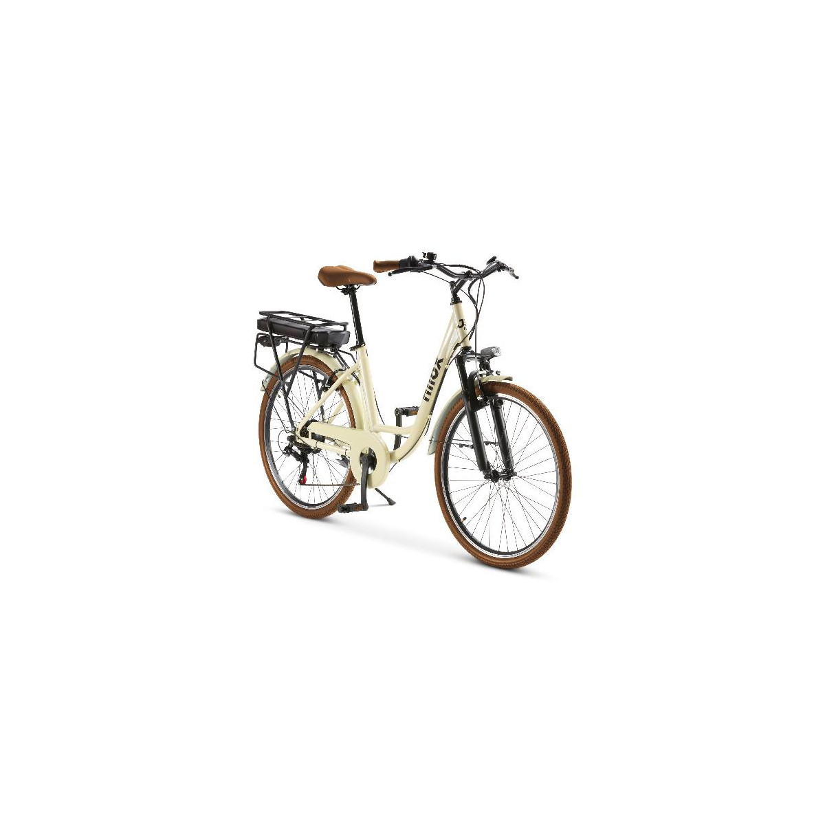 Una e-bike color crema con sillín y neumáticos marrones se exhibe.