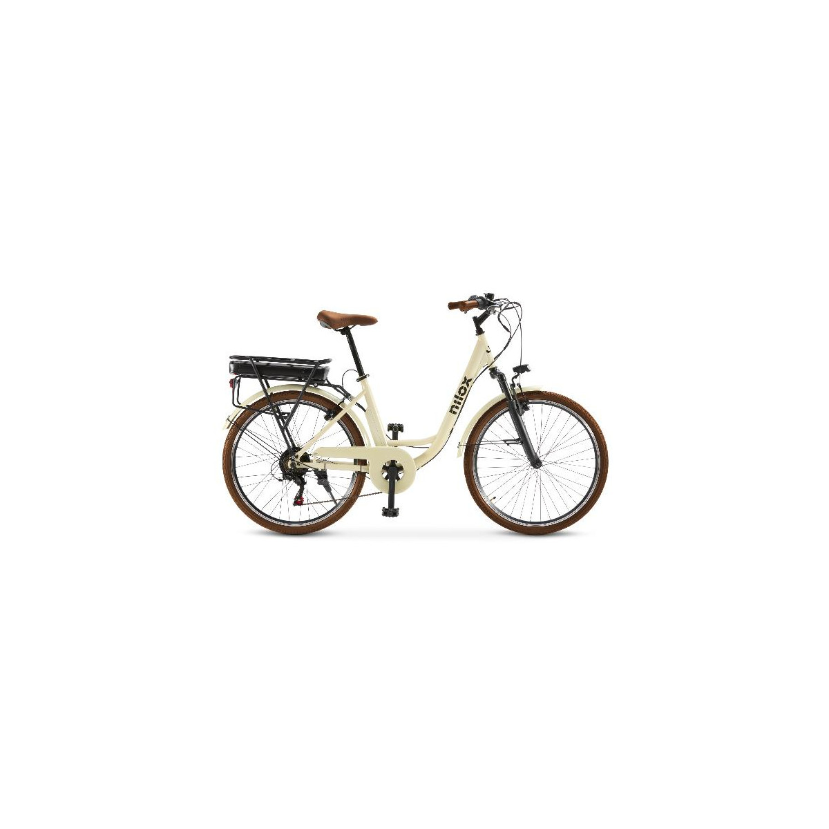 Una bicicleta de mujer color crema con sillín marrón, portaequipajes y neumáticos marrones.