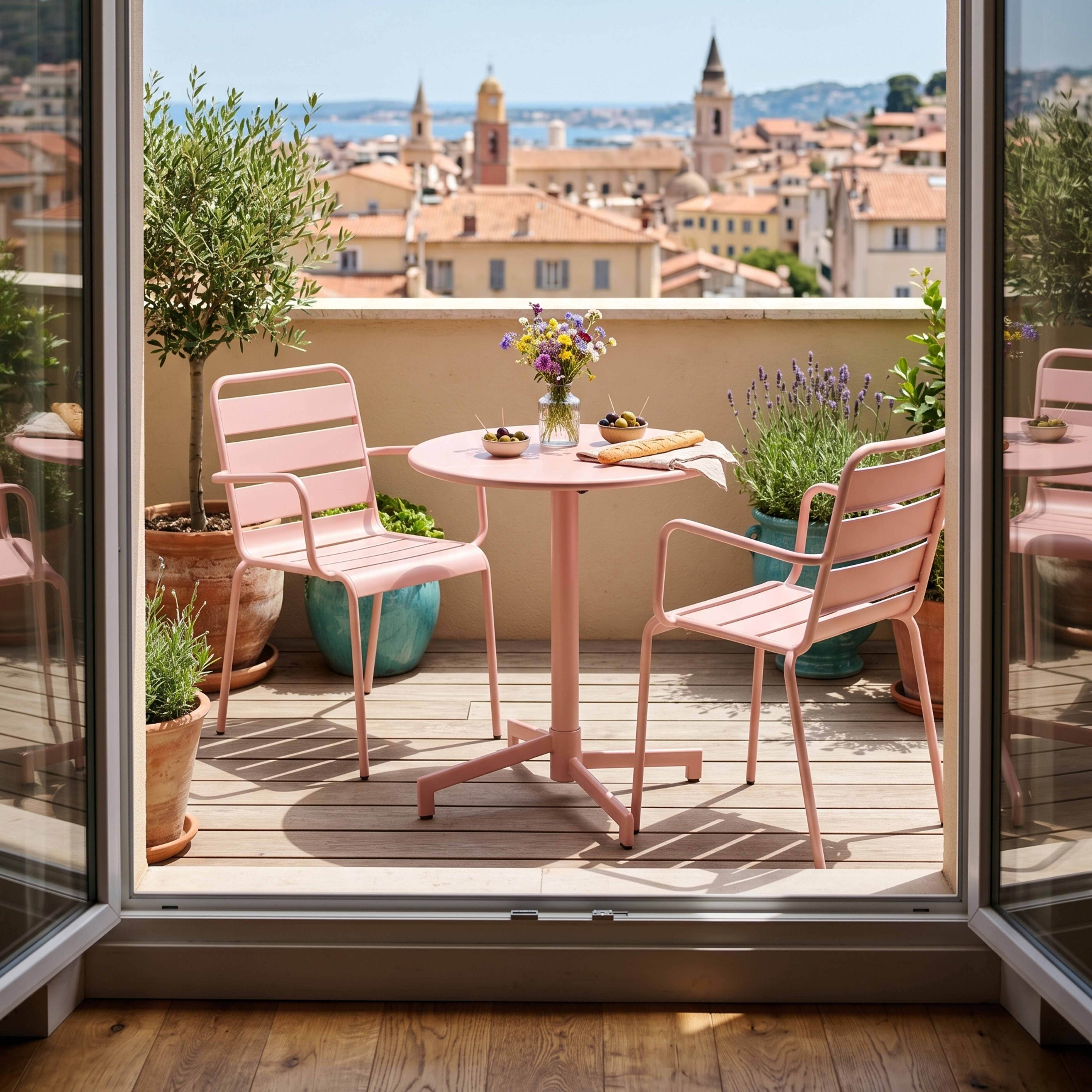 Rosa Stühle und Tisch auf Balkon mit Blick auf eine Stadt mit Oliven- und Lavendelpflanzen.
