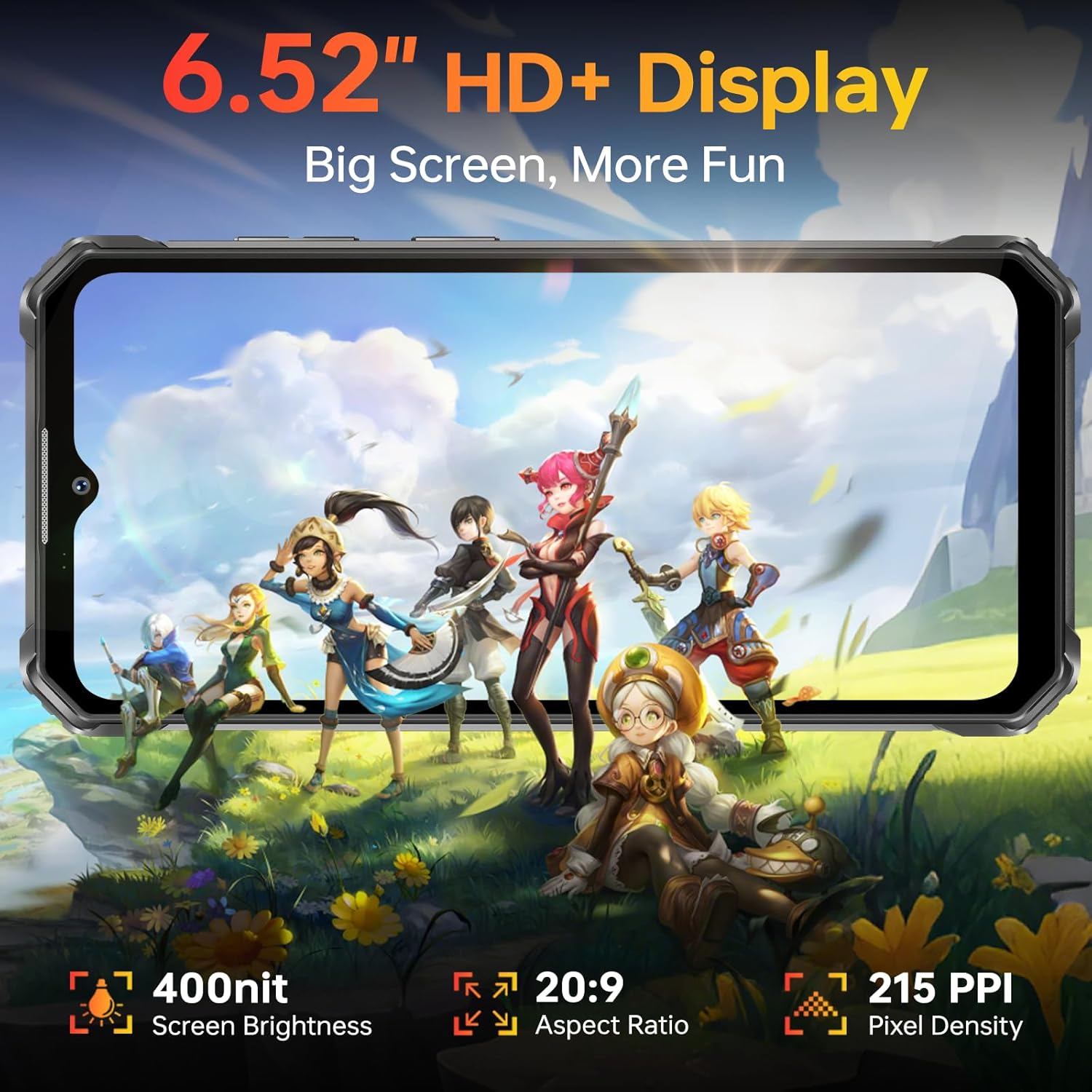 Pantalla de smartphone de 6,52" HD+ con personajes de anime. Especificaciones: 400 nits, 20:9, 215 PPI.
