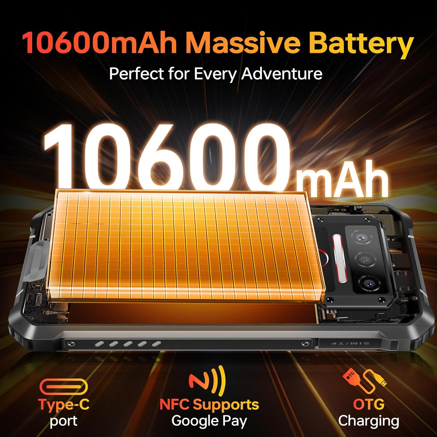 Smartphone robusto con batería de 10600mAh, Tipo-C, NFC y carga OTG.