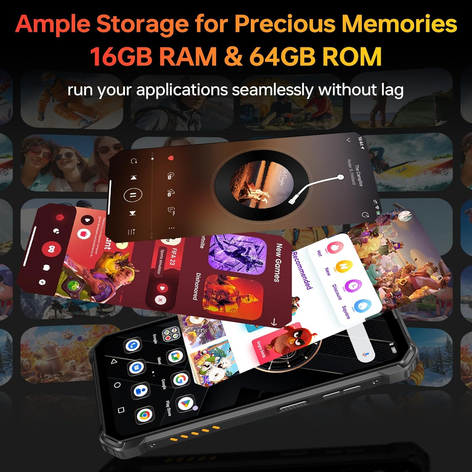 Un smartphone muestra aplicaciones como juegos y música, con texto sobre almacenamiento y RAM.