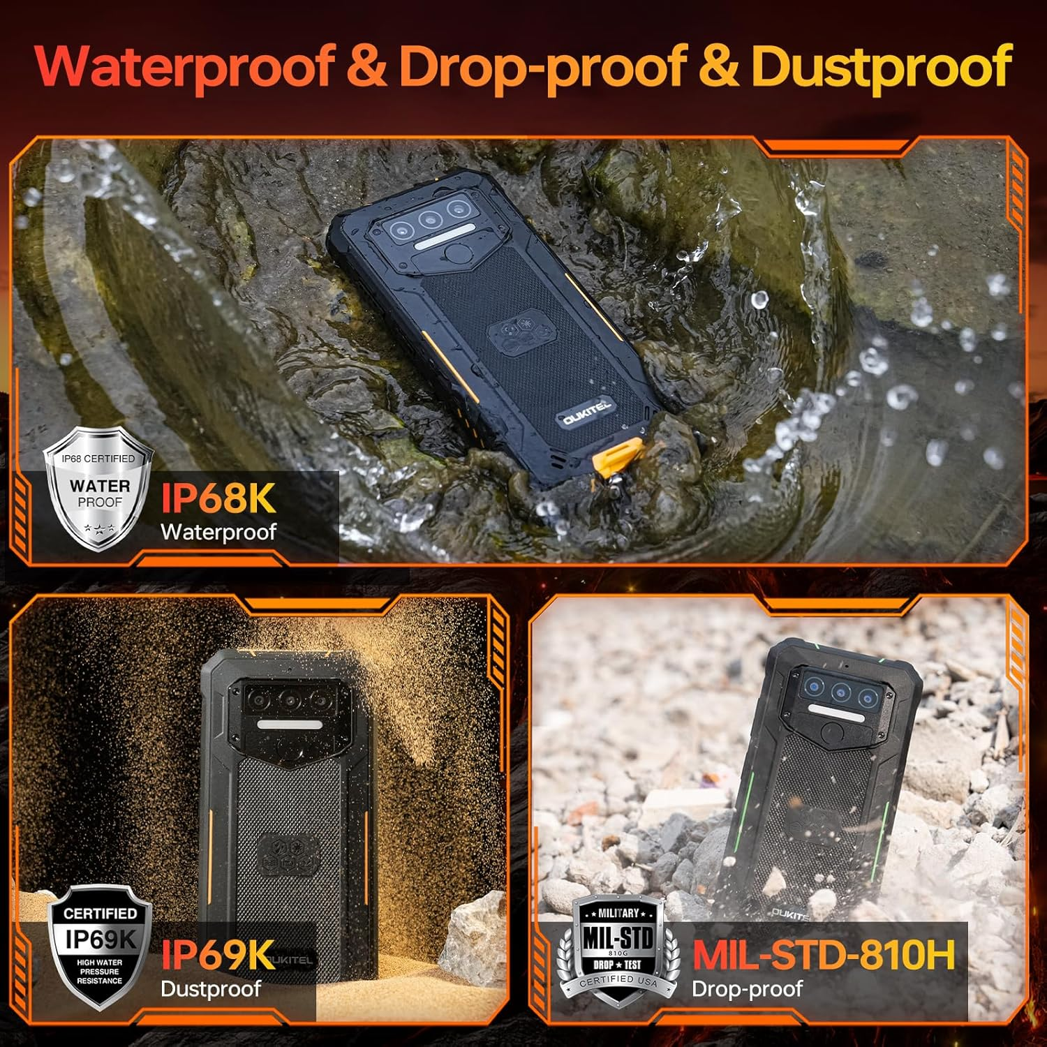Teléfono robusto mostrado en agua, arena y grava, destacando características impermeables, a prueba de polvo y caídas.