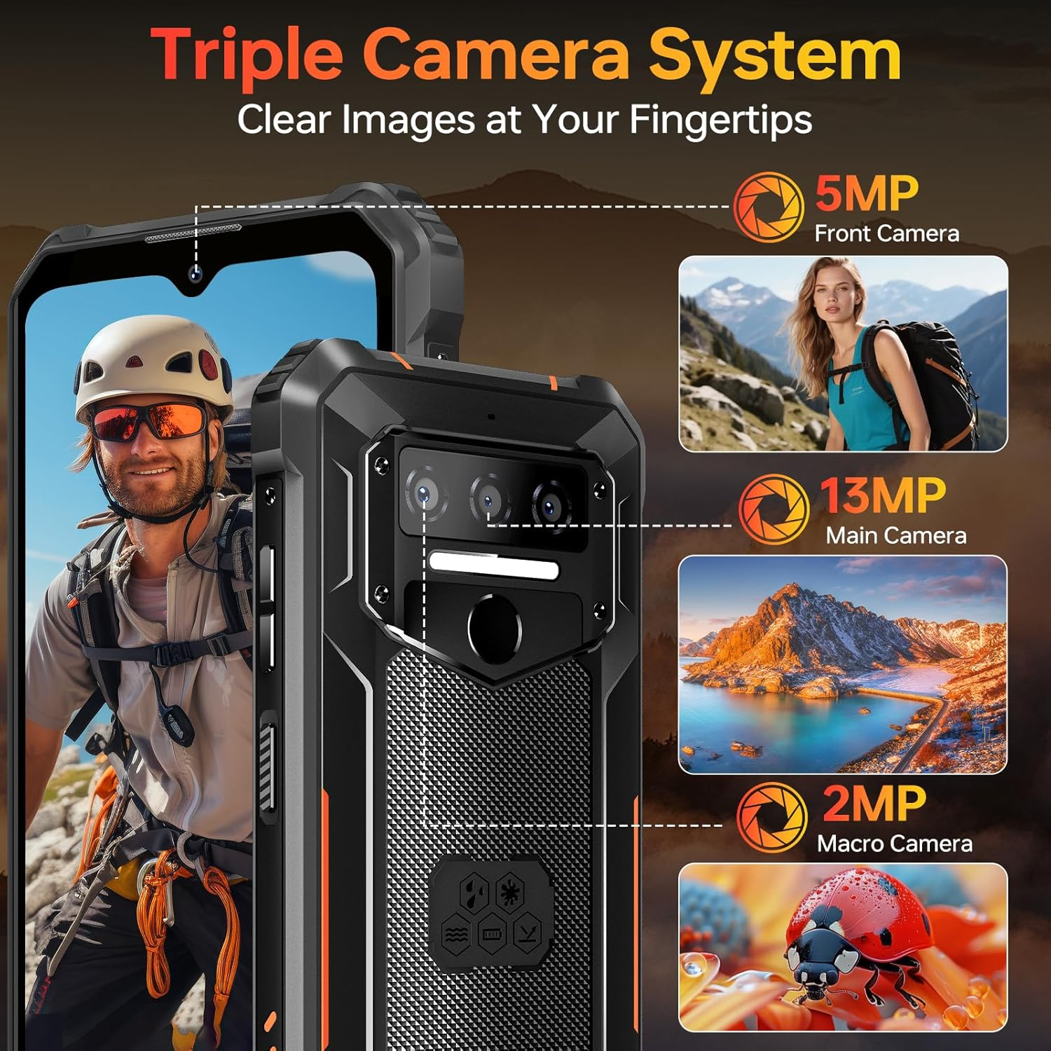 El teléfono muestra sistema de triple cámara: 5MP frontal, 13MP principal, 2MP macro. Fotos de muestra.