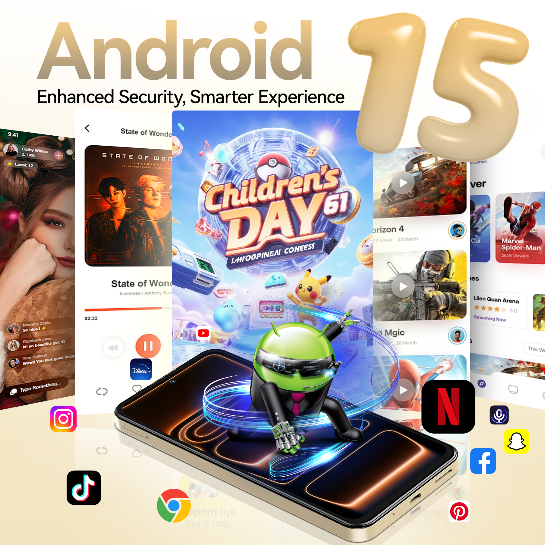 Android 15 con un robot Android verde sentado en un smartphone.