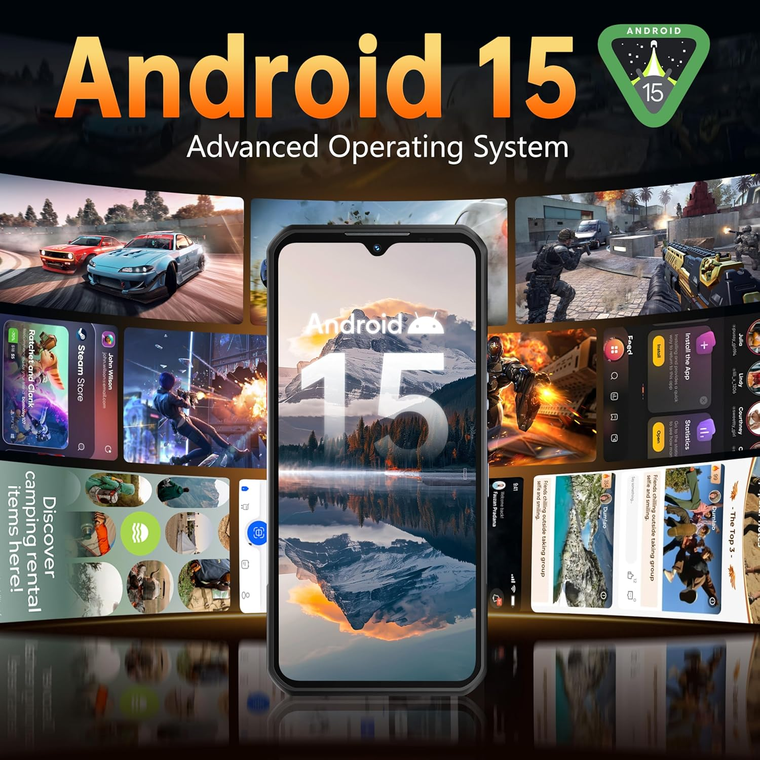 Pantalla de Android 15 mostrando autos de carreras, juegos, apps de camping y paisaje.