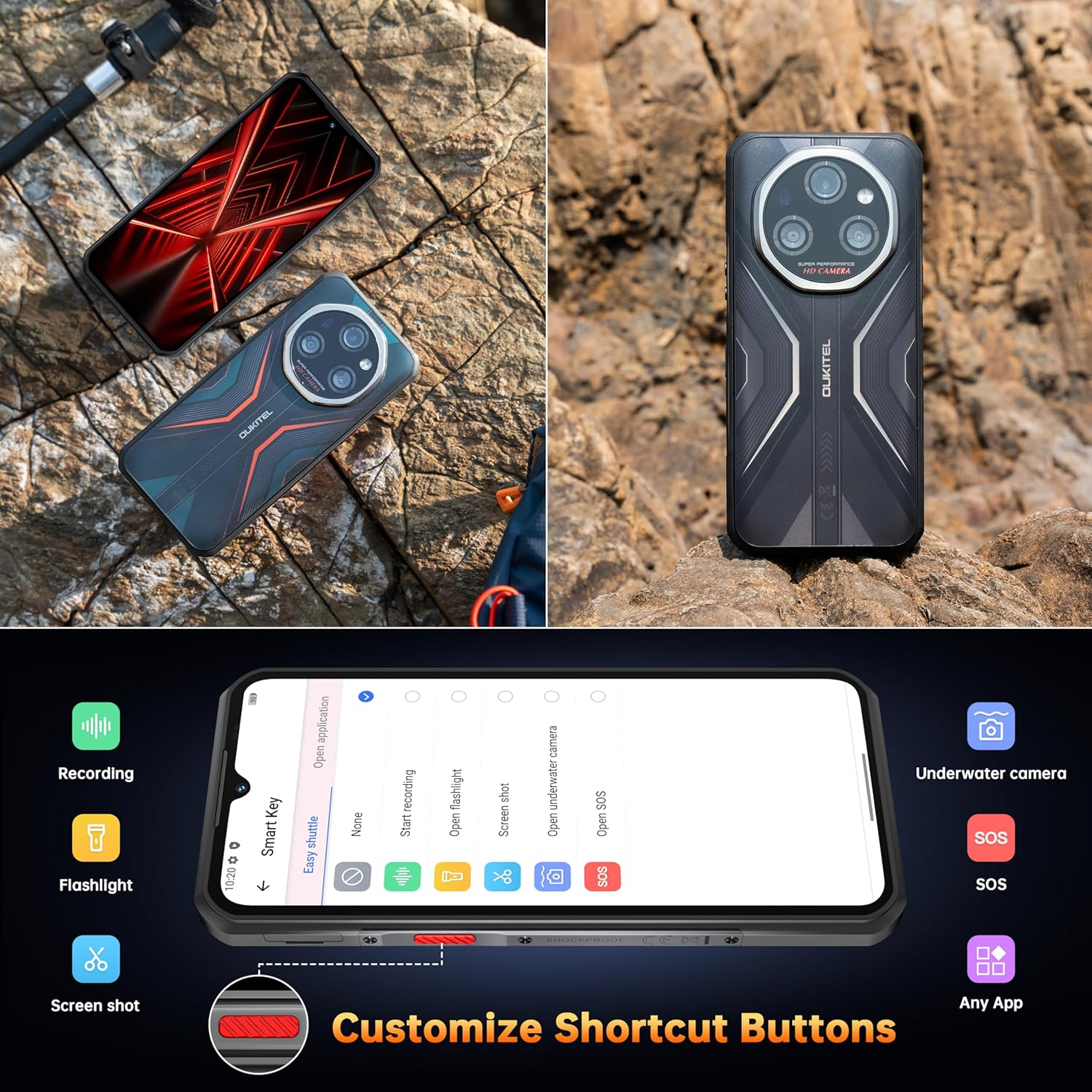 Teléfonos sobre rocas. Uno muestra pantalla abstracta roja, otro configuración de cámara.