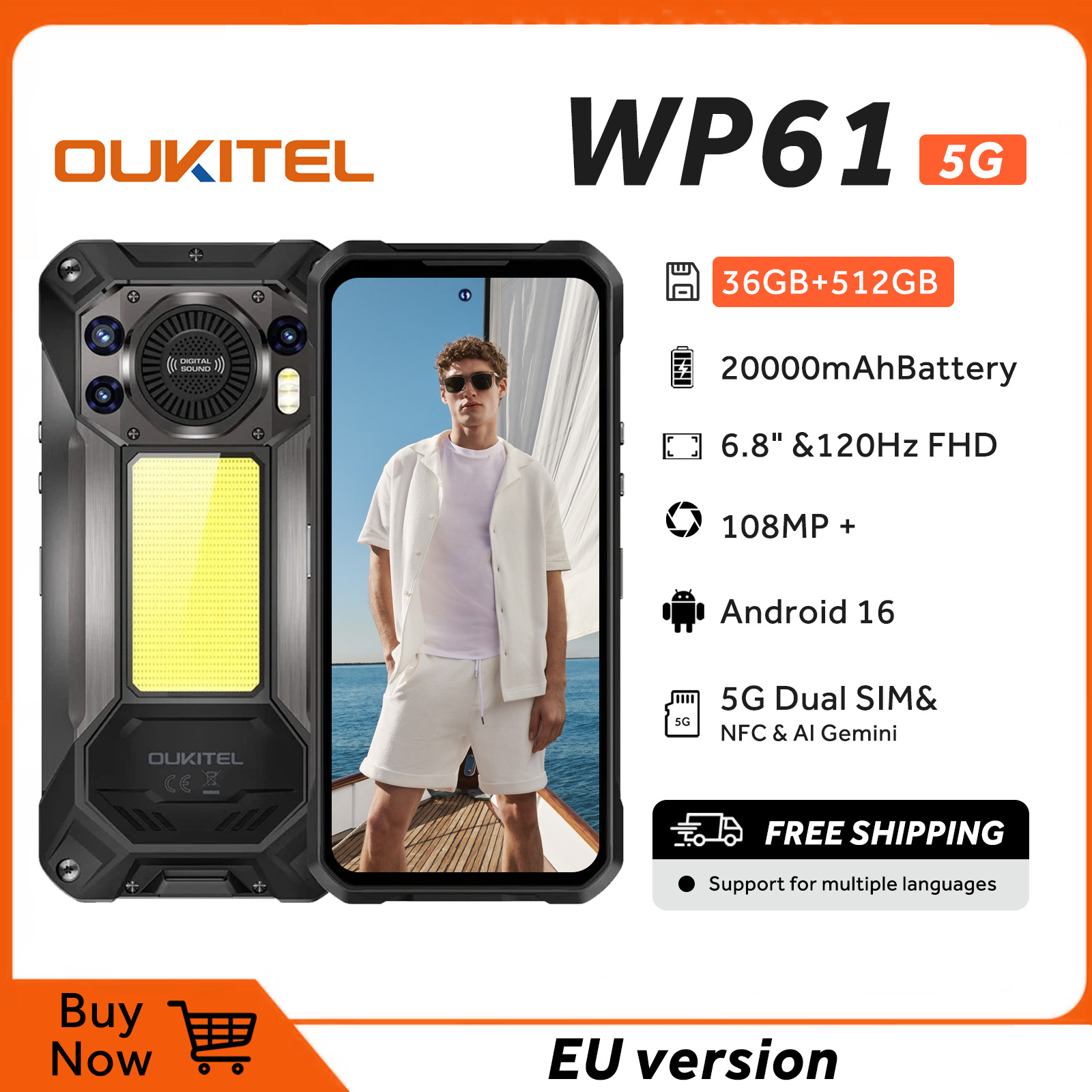 Oukitel WP61 5G con 36GB+512GB, batería 20000mAh, 6.8" FHD.