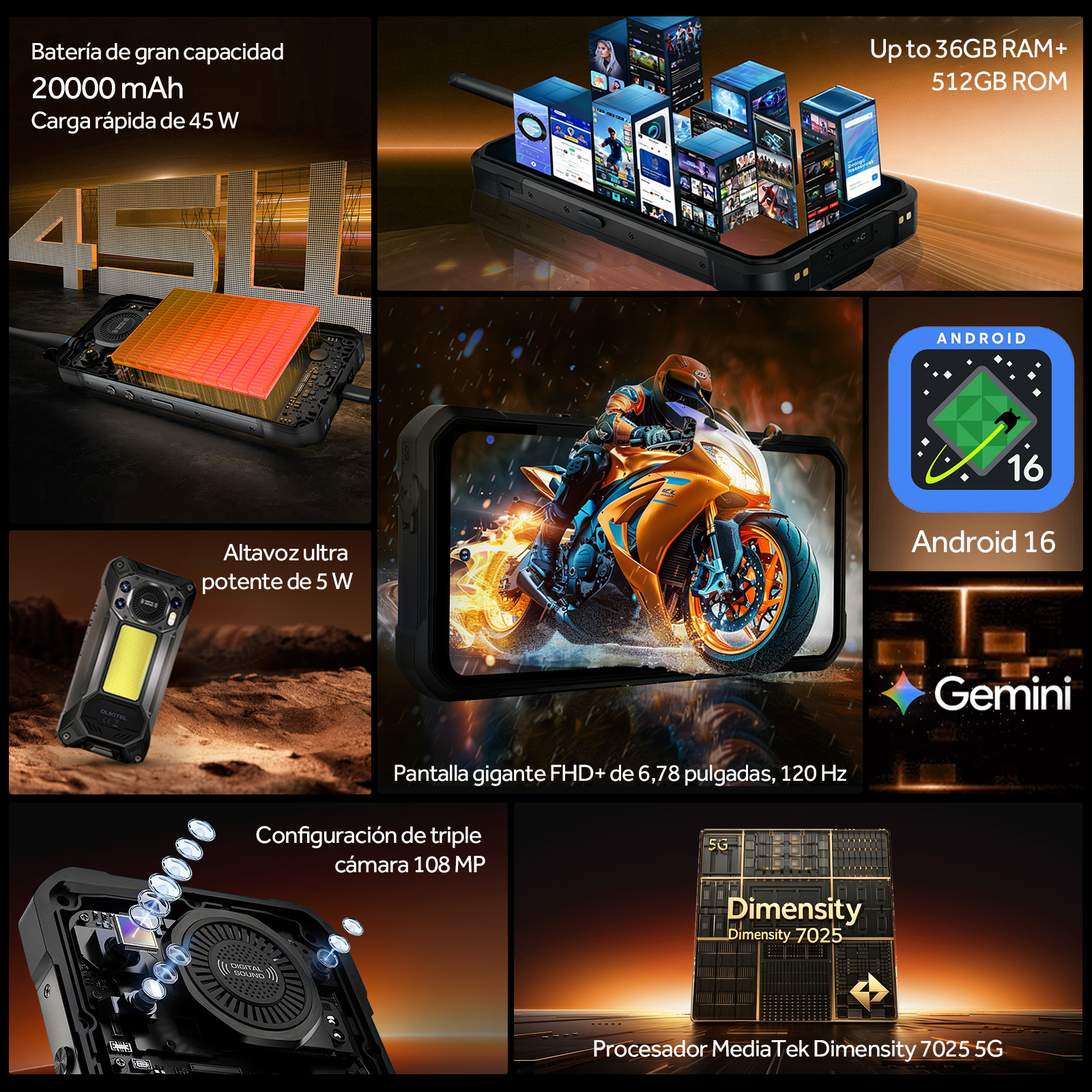 Pantalla de smartphone con motorista, Android 16, batería, altavoz y cámara.