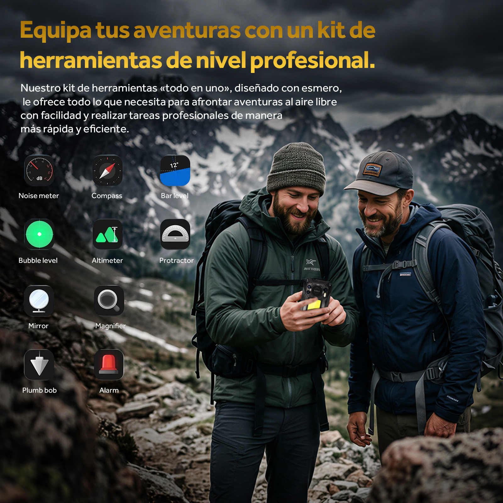 Dos hombres con equipo de montaña miran un smartphone, con iconos de herramientas delante.
