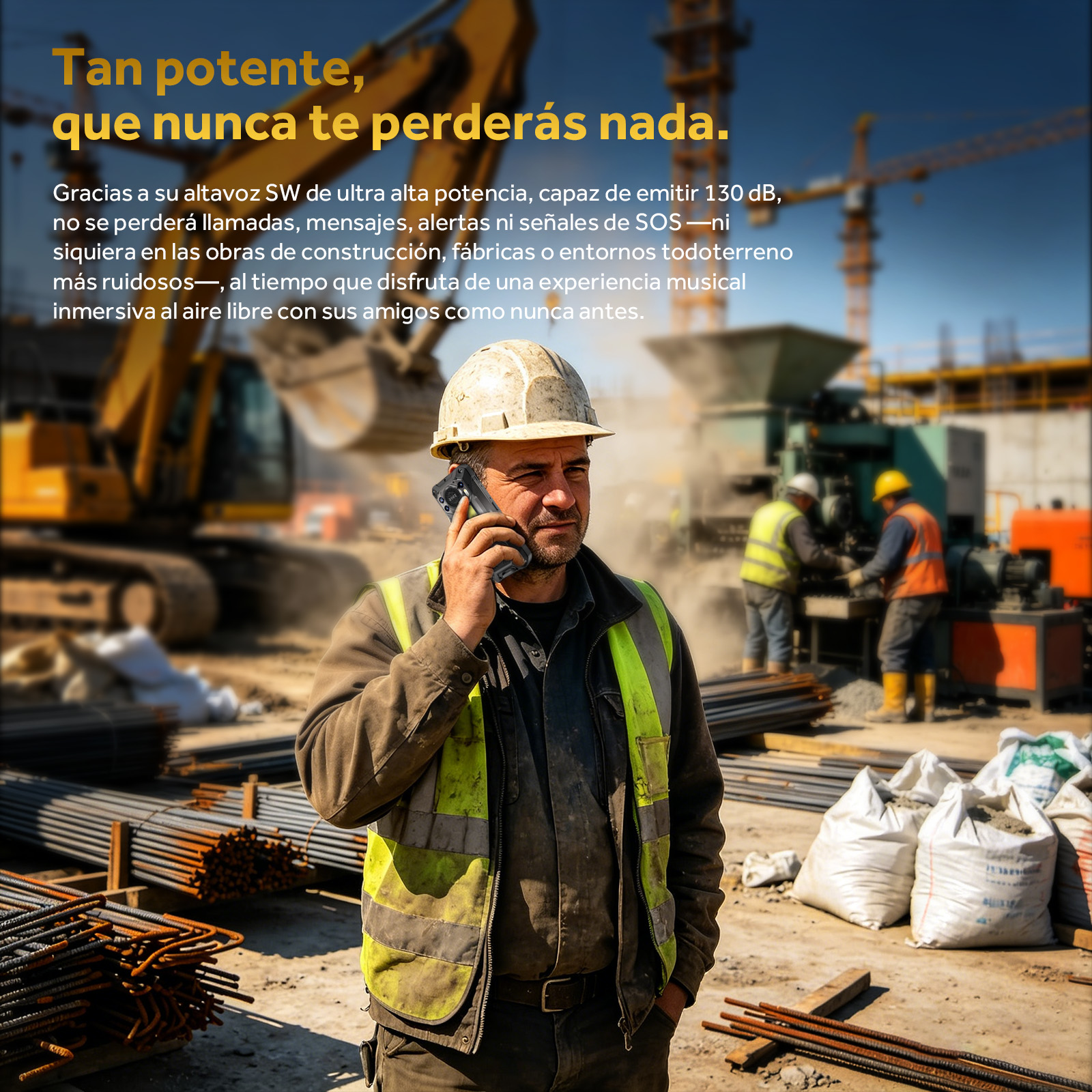 Un obrero con casco habla por teléfono en una obra con excavadoras y grúas al fondo.