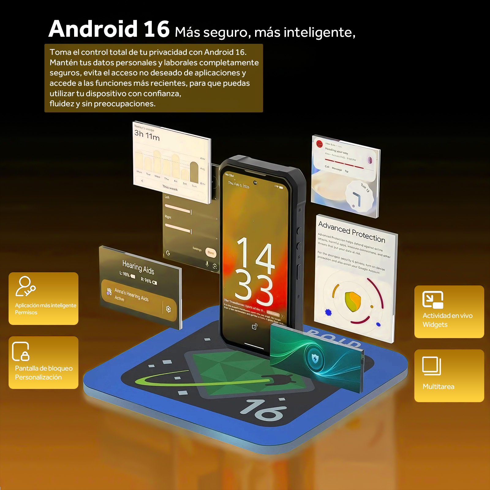 Android 16 con smartphone, mostrando uso, audífonos, protección y widgets.