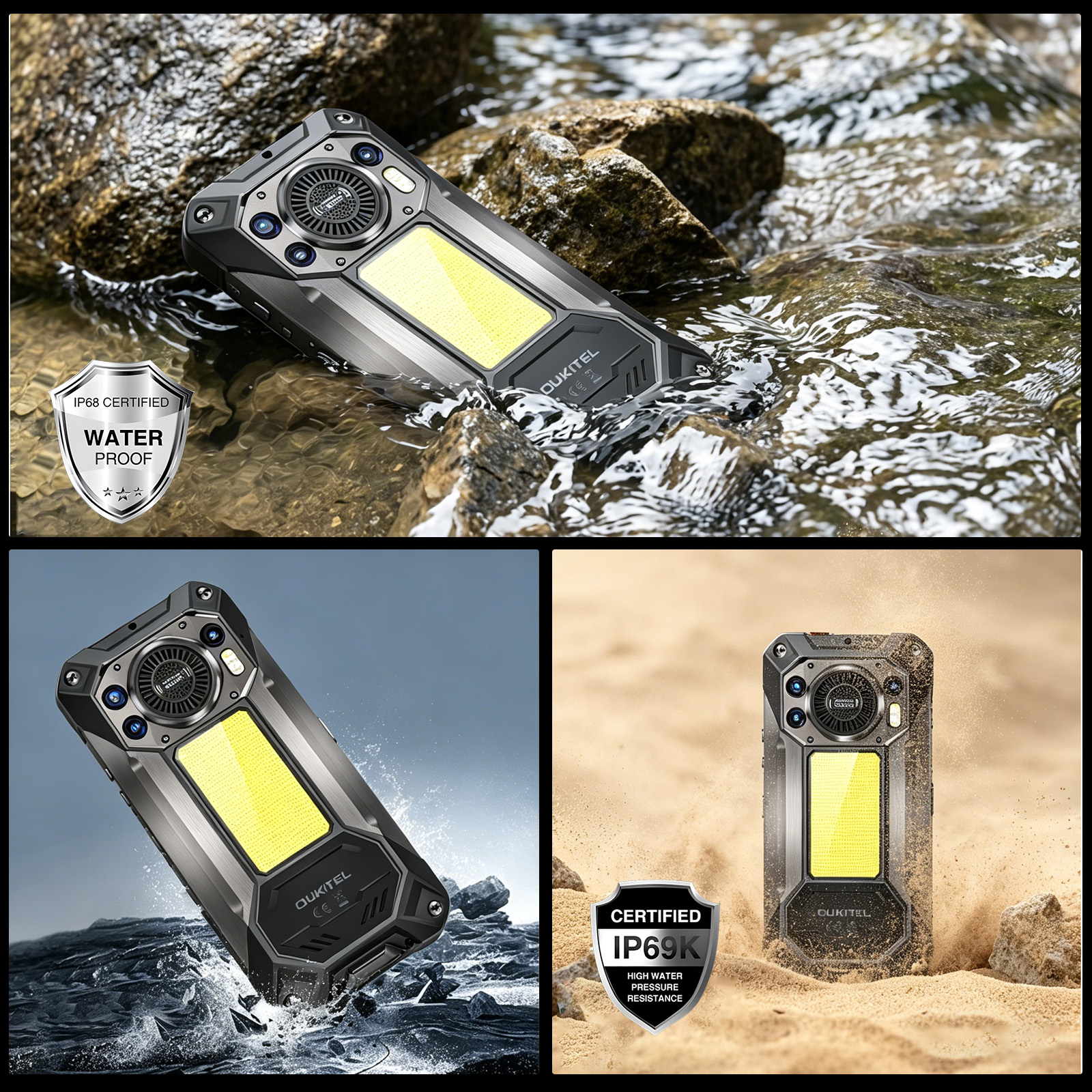 Un smartphone robusto con luz amarilla yace en el agua, junto a él un letrero que dice "WATER PROOF".