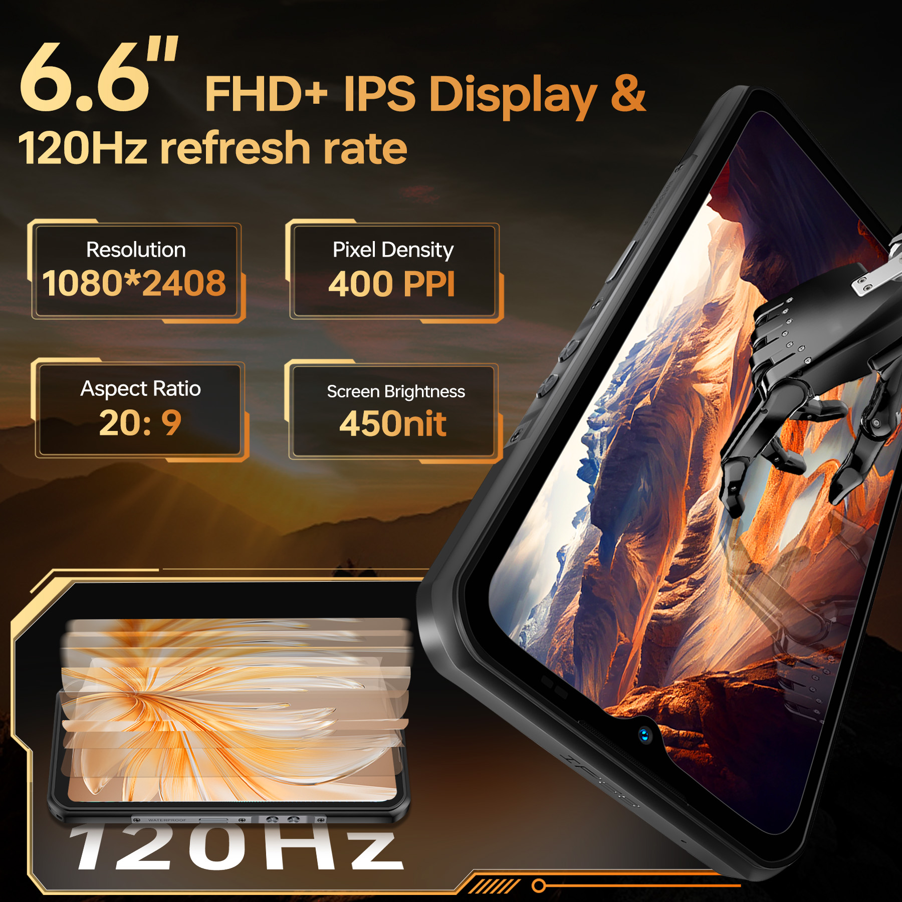 Smartphone con pantalla FHD+ IPS de 6,6", 120Hz, resolución 1080*2408.