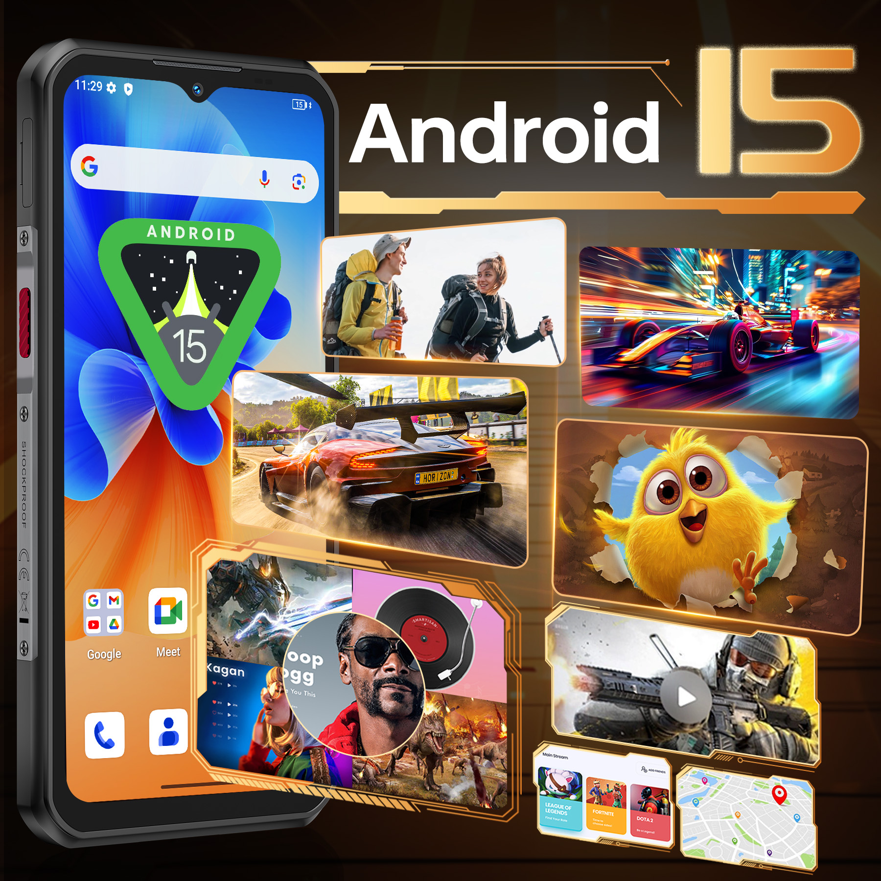 Teléfono mostrando Android 15. Collages de juegos, carreras, senderismo y un pollito.