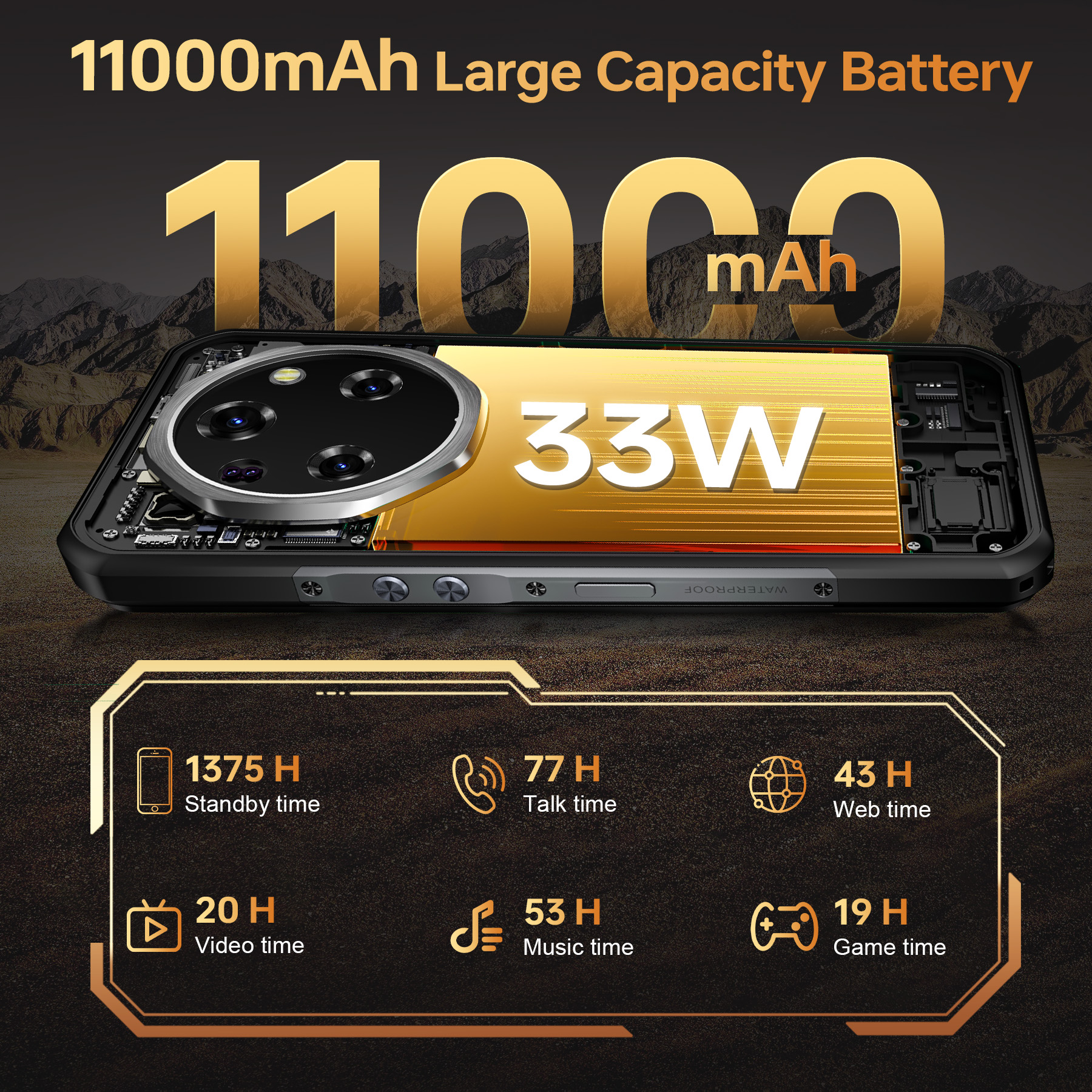 Smartphone con batería de 11000mAh, carga rápida de 33W y largos tiempos de uso.