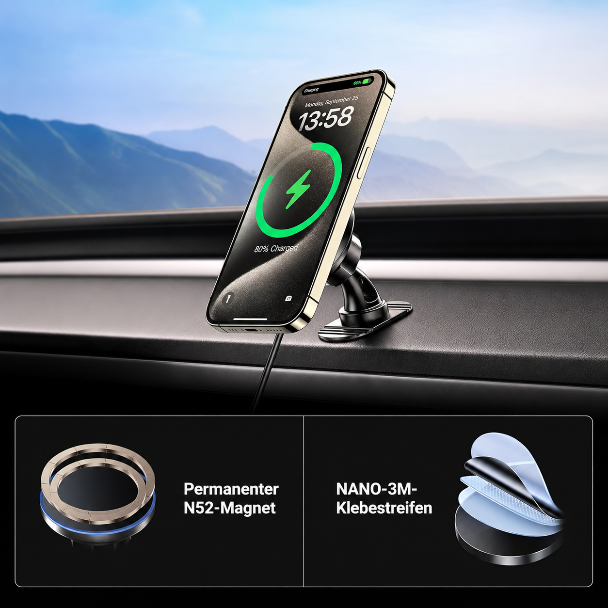 Ein Smartphone lädt auf einer magnetischen Autohalterung, 80% geladen.