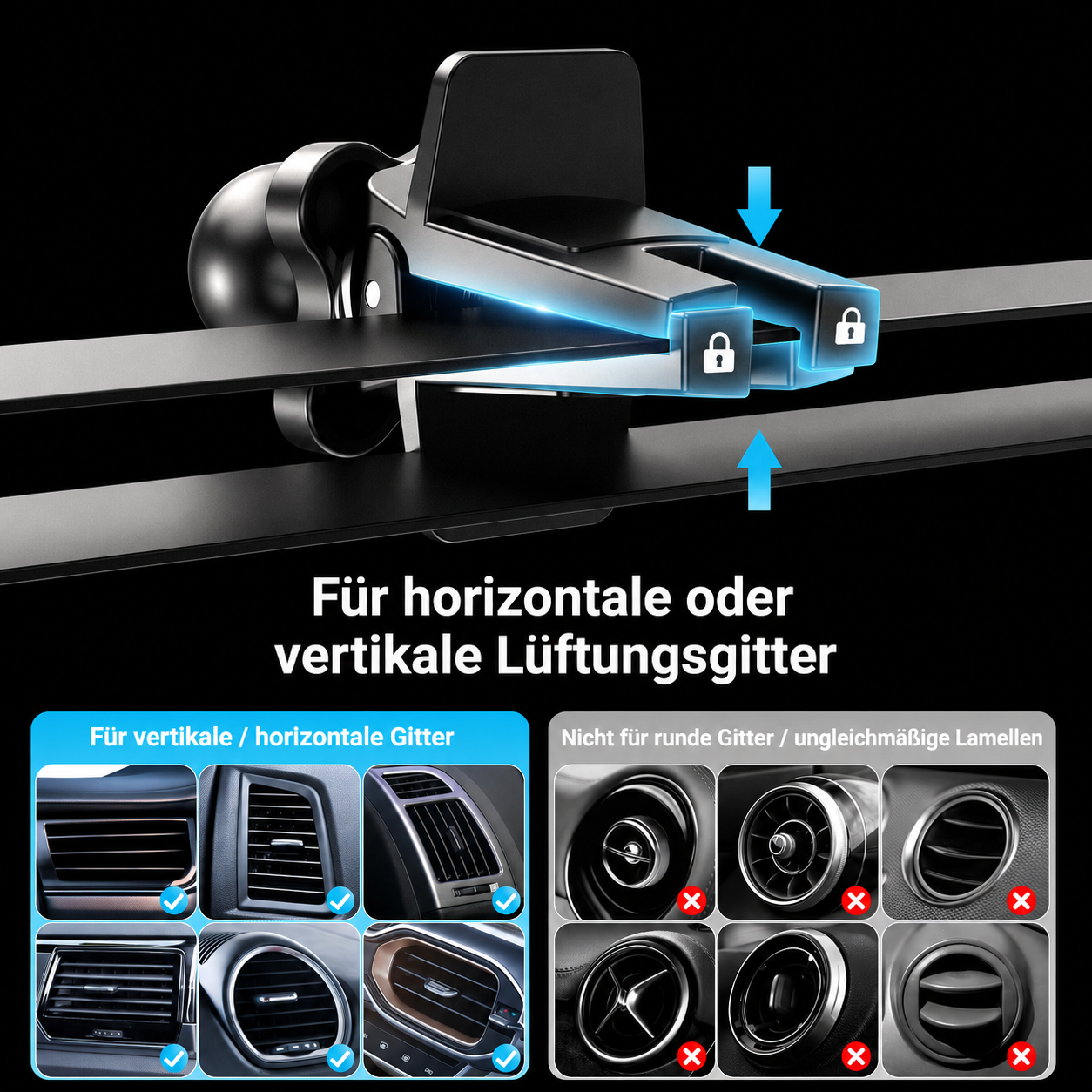 Ein schwarzer Autoluftauslasshalter wird gezeigt, der für horizontale/vertikale Lüftungsgitter geeignet ist.