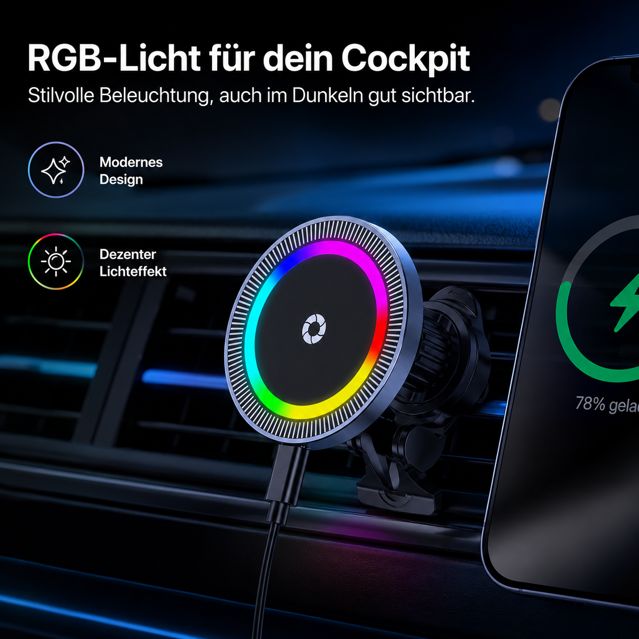 RGB-Licht-Handyhalterung im Auto mit Farbwechsel. Modernes Design.