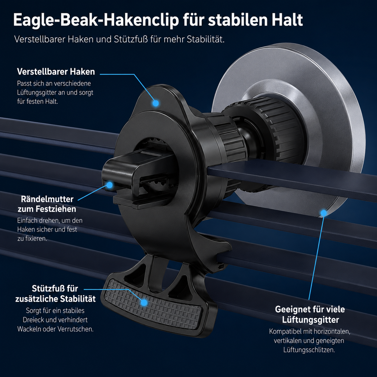 Ein schwarzer Lüftungshalter mit Haken, Rändelmutter und Stützfuß auf dunklem Hintergrund.