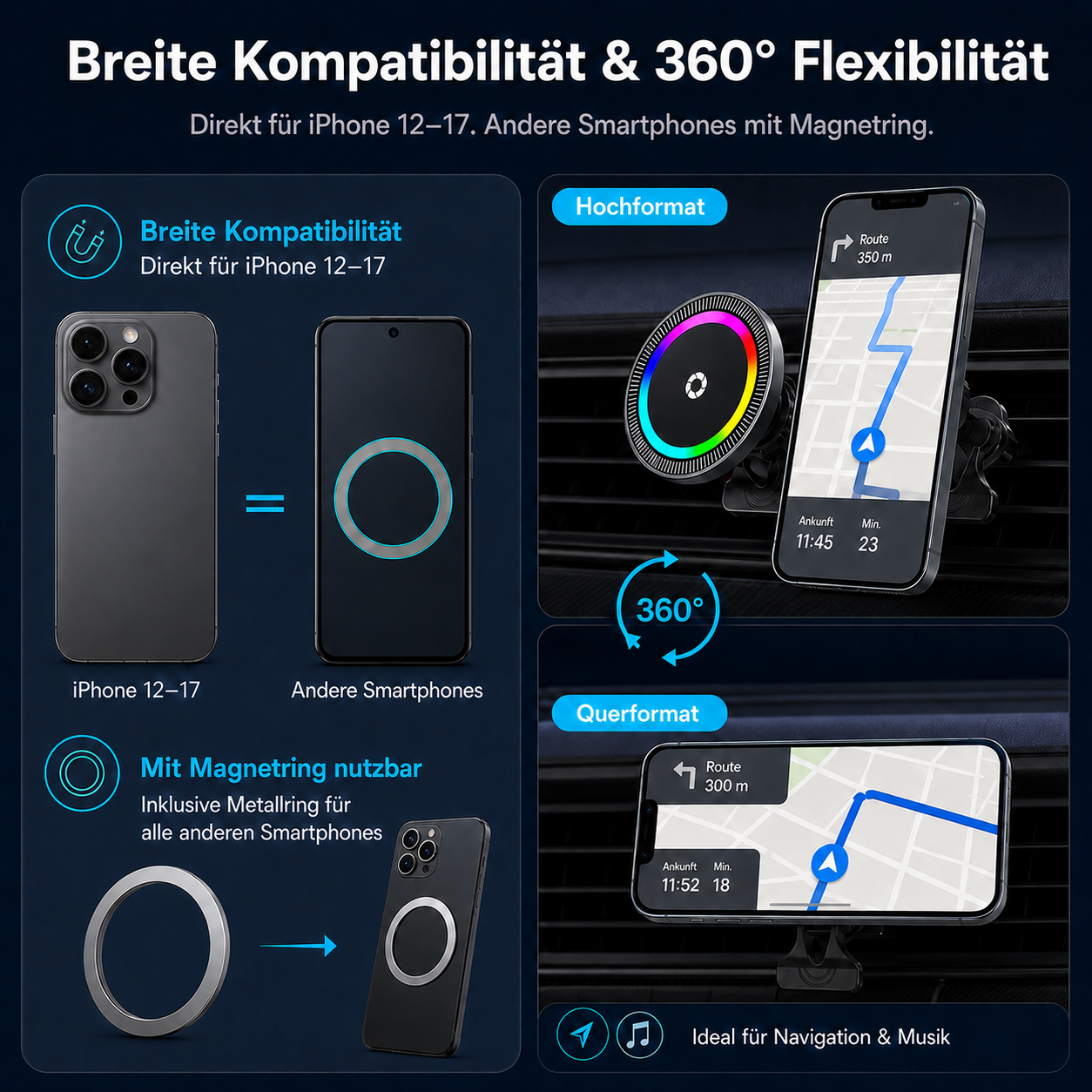 Breite Kompatibilität & 360° Flexibilität für Smartphones mit Navigationshalterung.