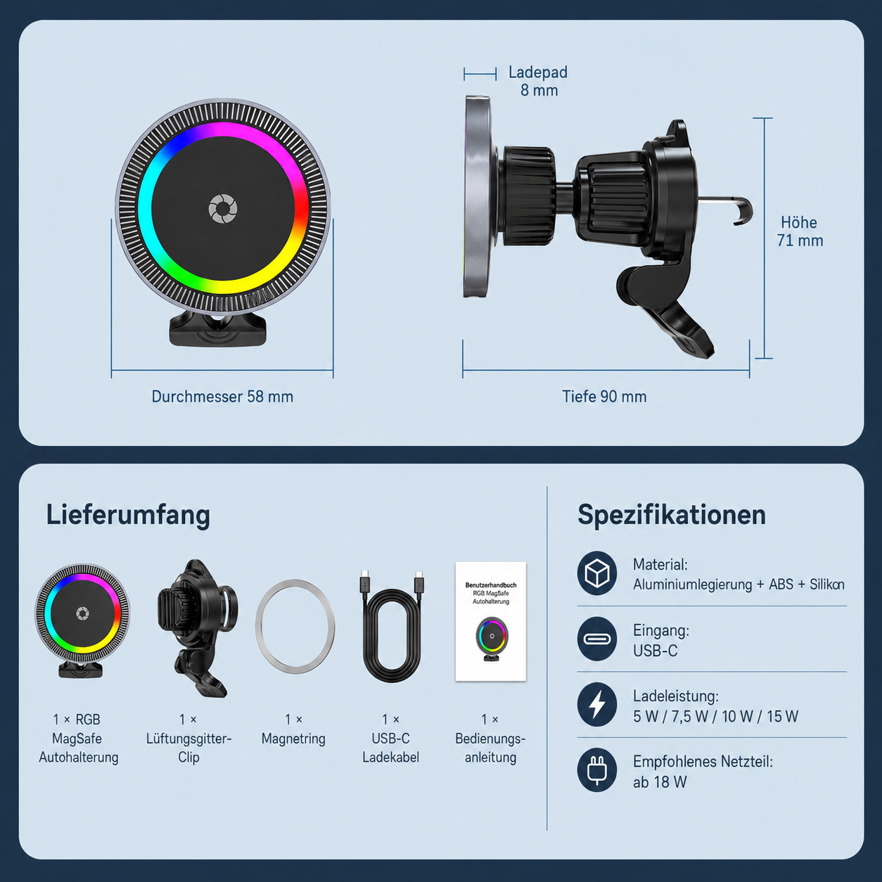 RGB MagSafe Autohalterung mit Spezifikationen und Lieferumfang.