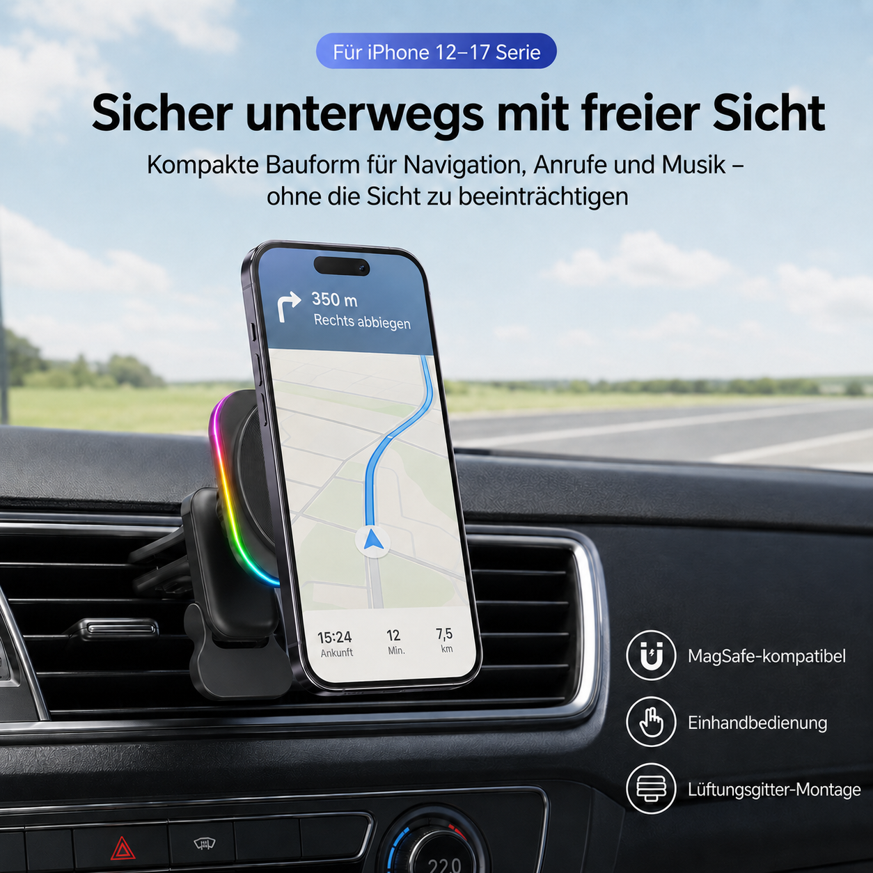 iPhone Halterung mit Navi im Auto. MagSafe, Einhandbedienung, Lüftungsgitter-Montage.