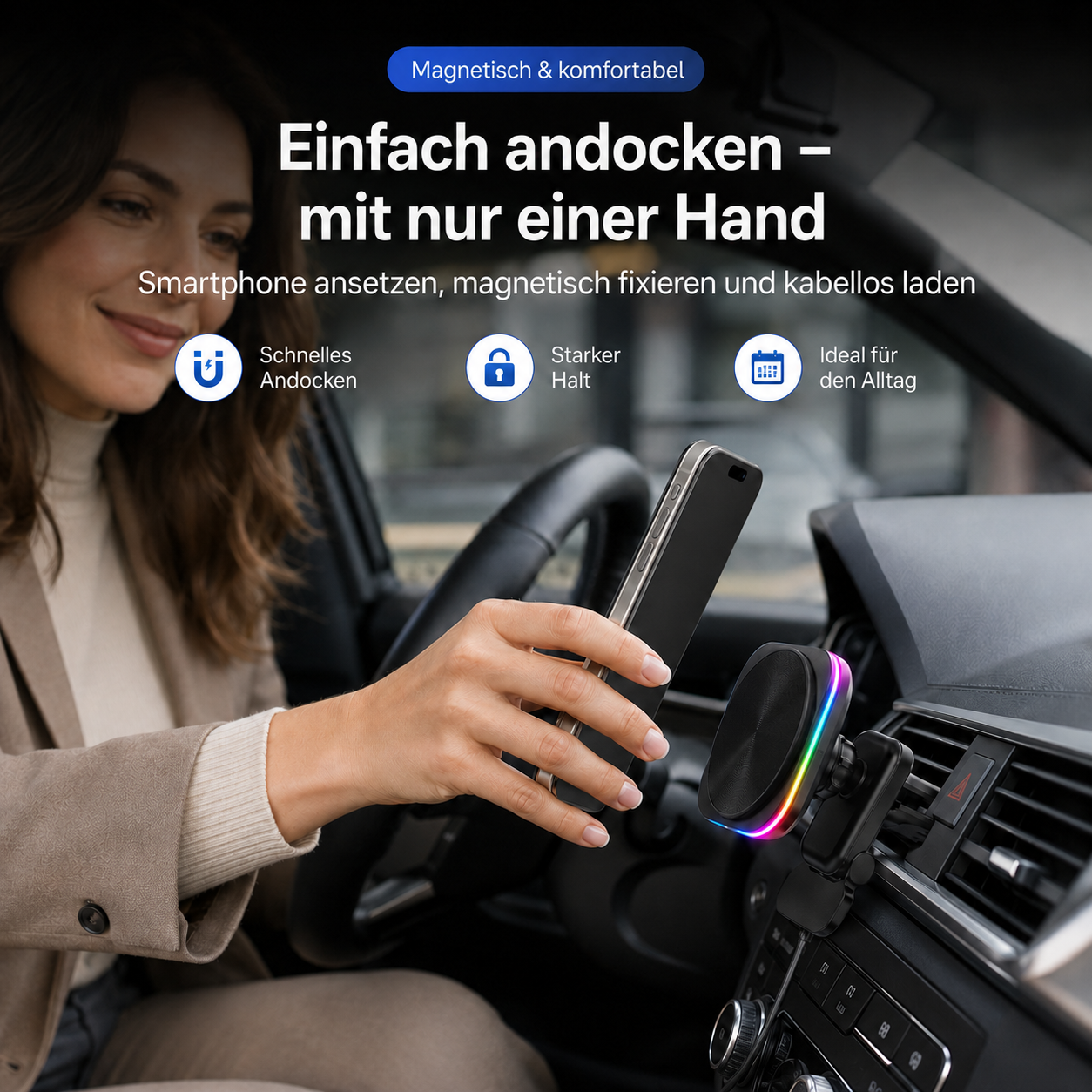 Frau befestigt Handy magnetisch an Halterung im Auto mit bunter LED-Beleuchtung.