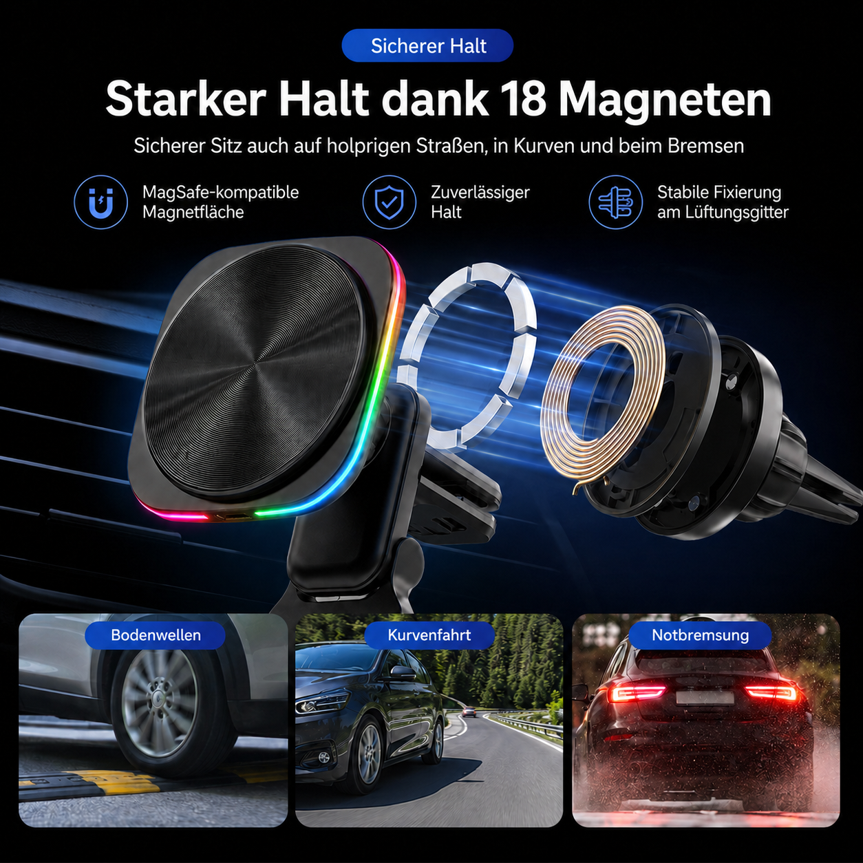 Starker Magnethalter mit MagSafe, ideal für holprige Straßen, Kurven und Bremsen.