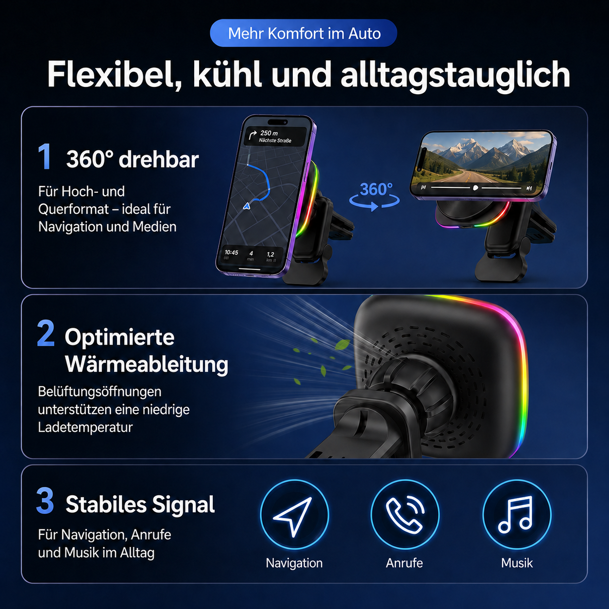 Auto-Handyhalterung mit 360° Drehung, Kühlung, stabilem Signal für Navigation.