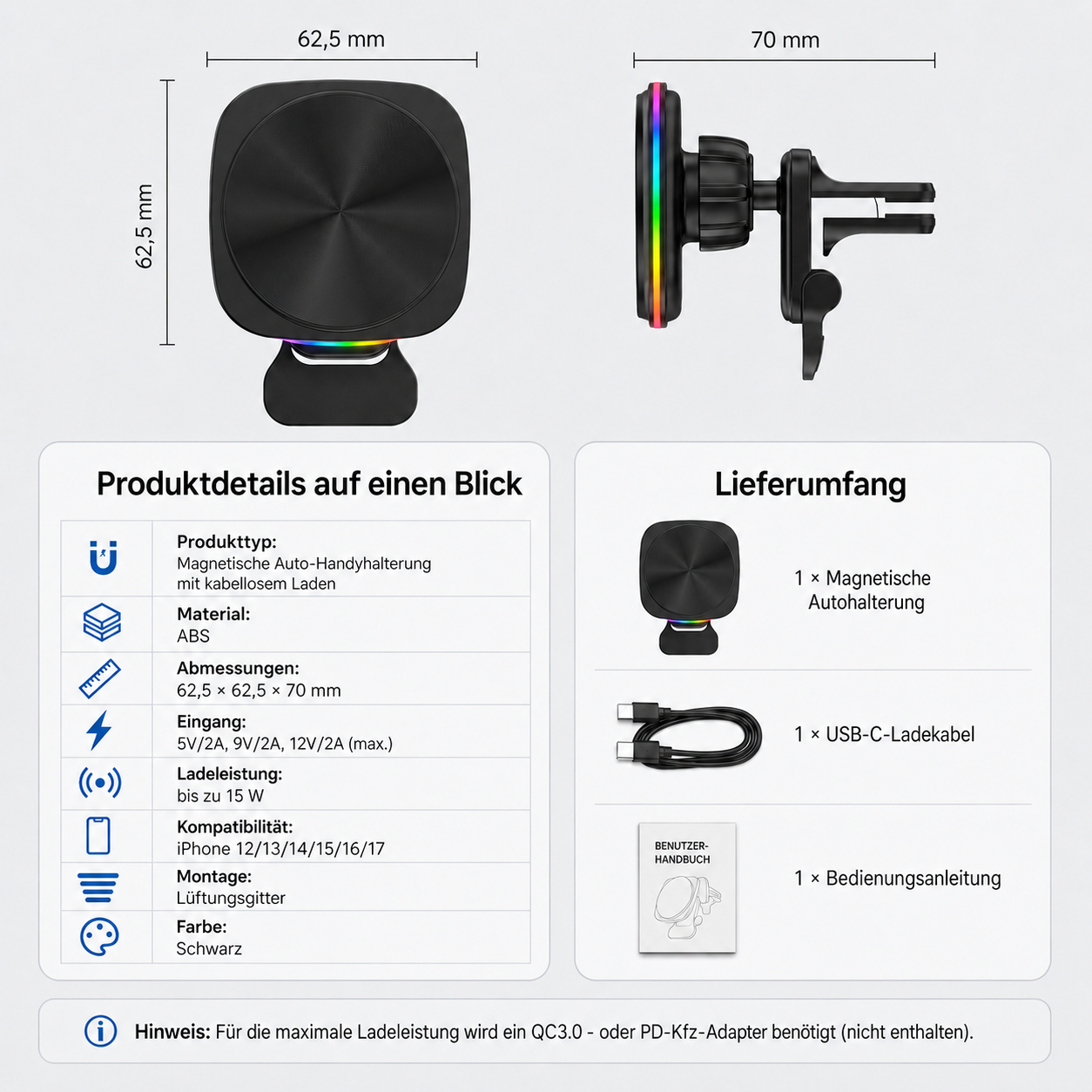 Schwarzer magnetischer Auto-Handyhalter mit RGB-Beleuchtung, Lüftungsgitter-Halterung.