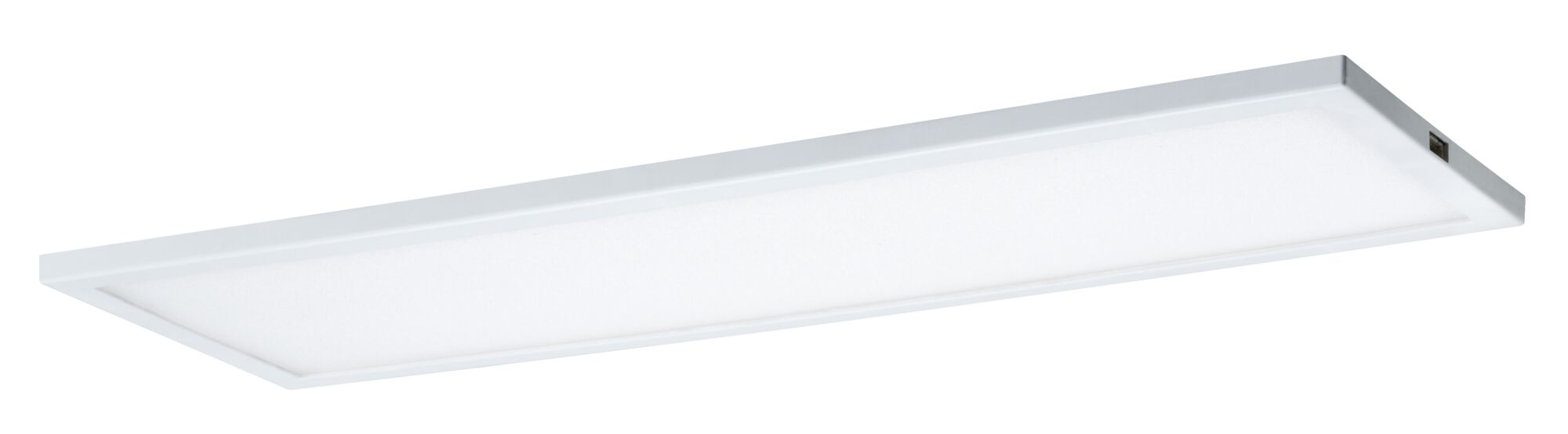 Ein rechteckiges, weißes LED-Panel mit silbernem Rahmen.