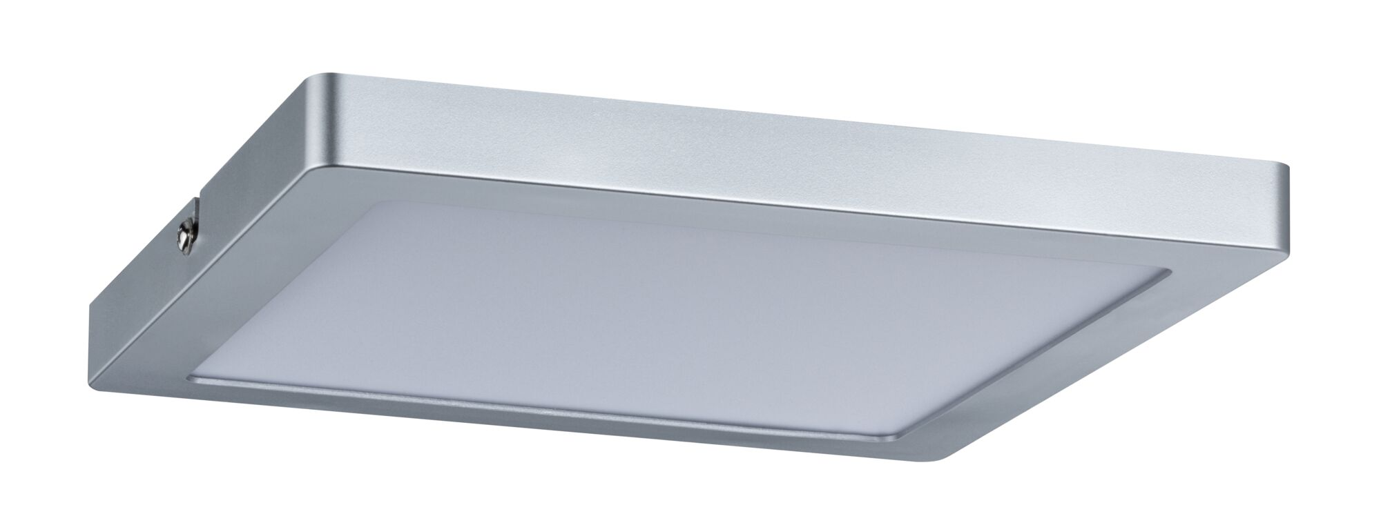 Eine rechteckige Deckenleuchte mit silbernem Metallrahmen und weißem Diffusor.