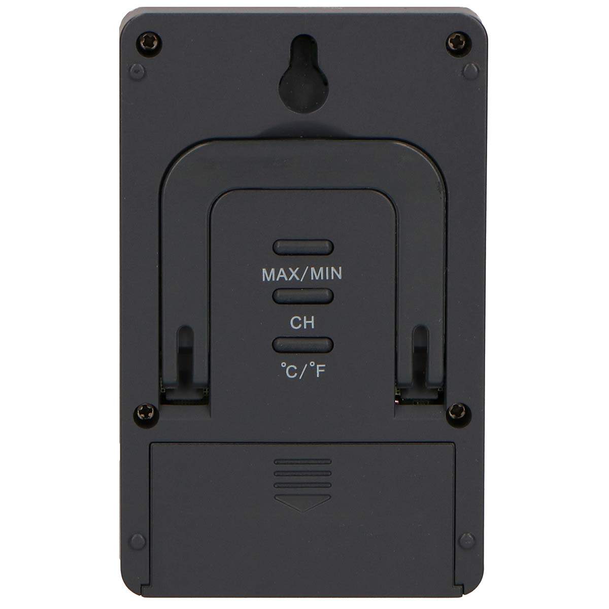Back of a black digital thermometer with MAX/MIN, CH, and °C/°F buttons.