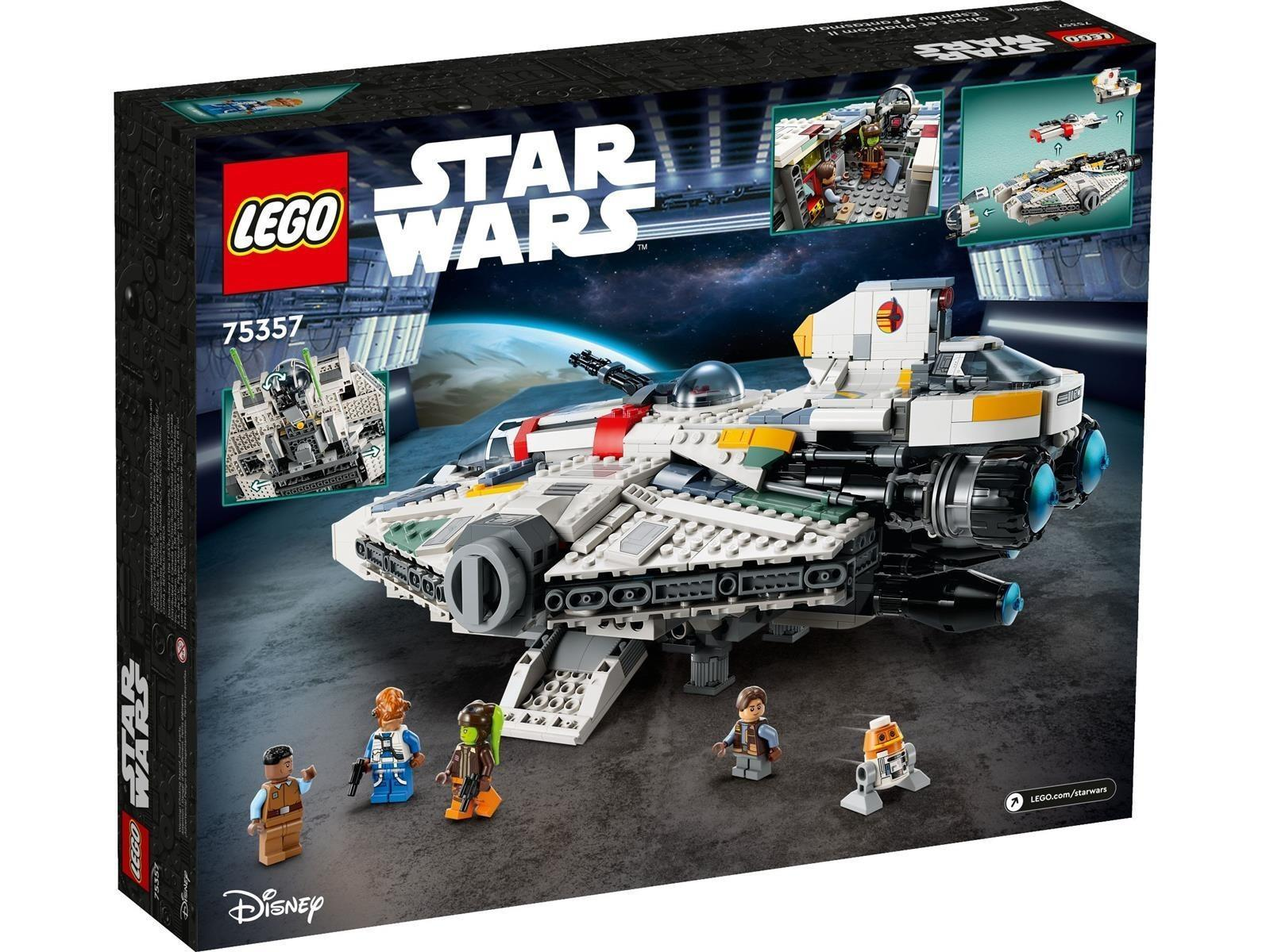 Lego Star Wars Set 75357 mit Raumschiff und Minifiguren vor Weltraumhintergrund.