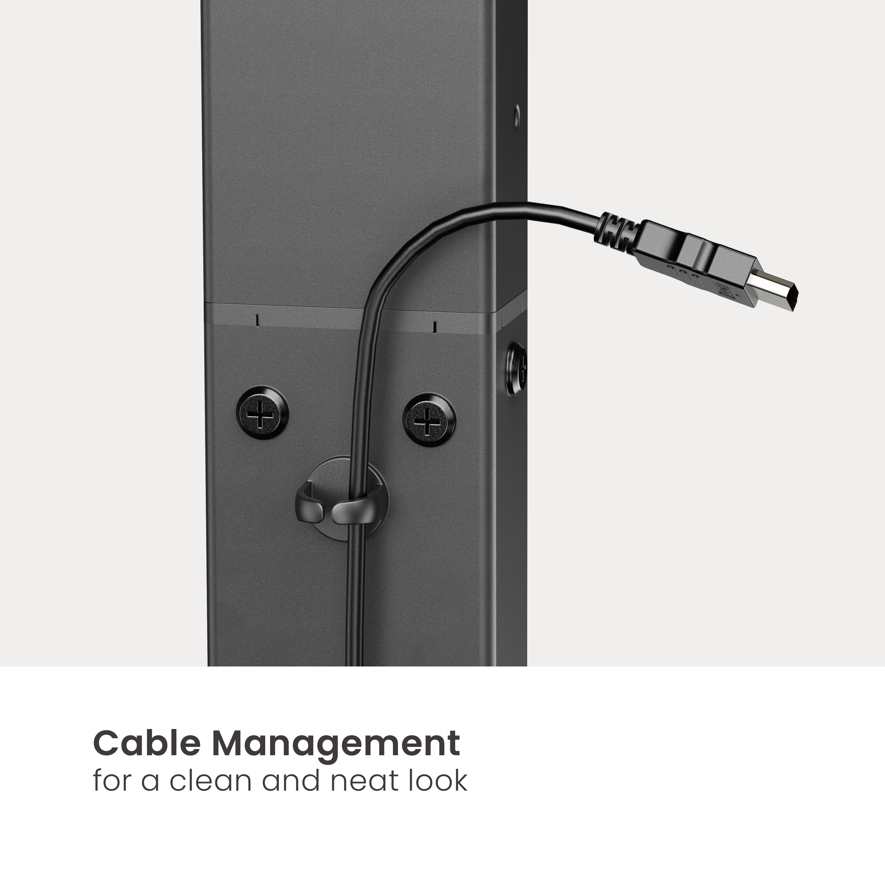Ein schwarzes Kabel mit USB-A-Anschluss, gehalten von einer Klemme an einem grauen Ständer.
