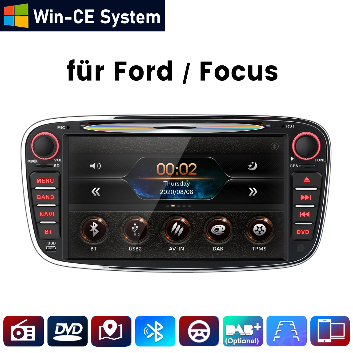 Autoradio-Display für Ford Focus mit Menüoptionen und Symbolen.