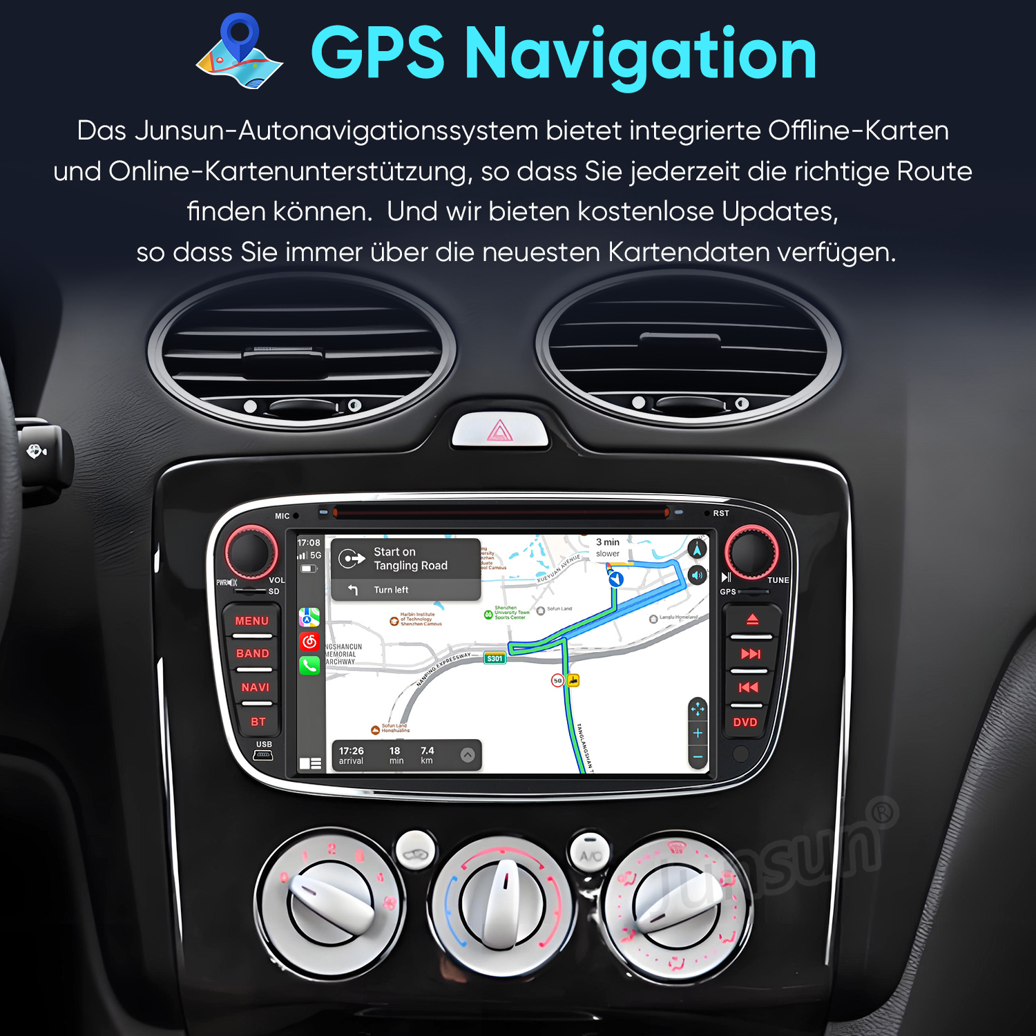 GPS-Navigationsbildschirm in einem Auto mit Kartenansicht und Fahranweisungen.