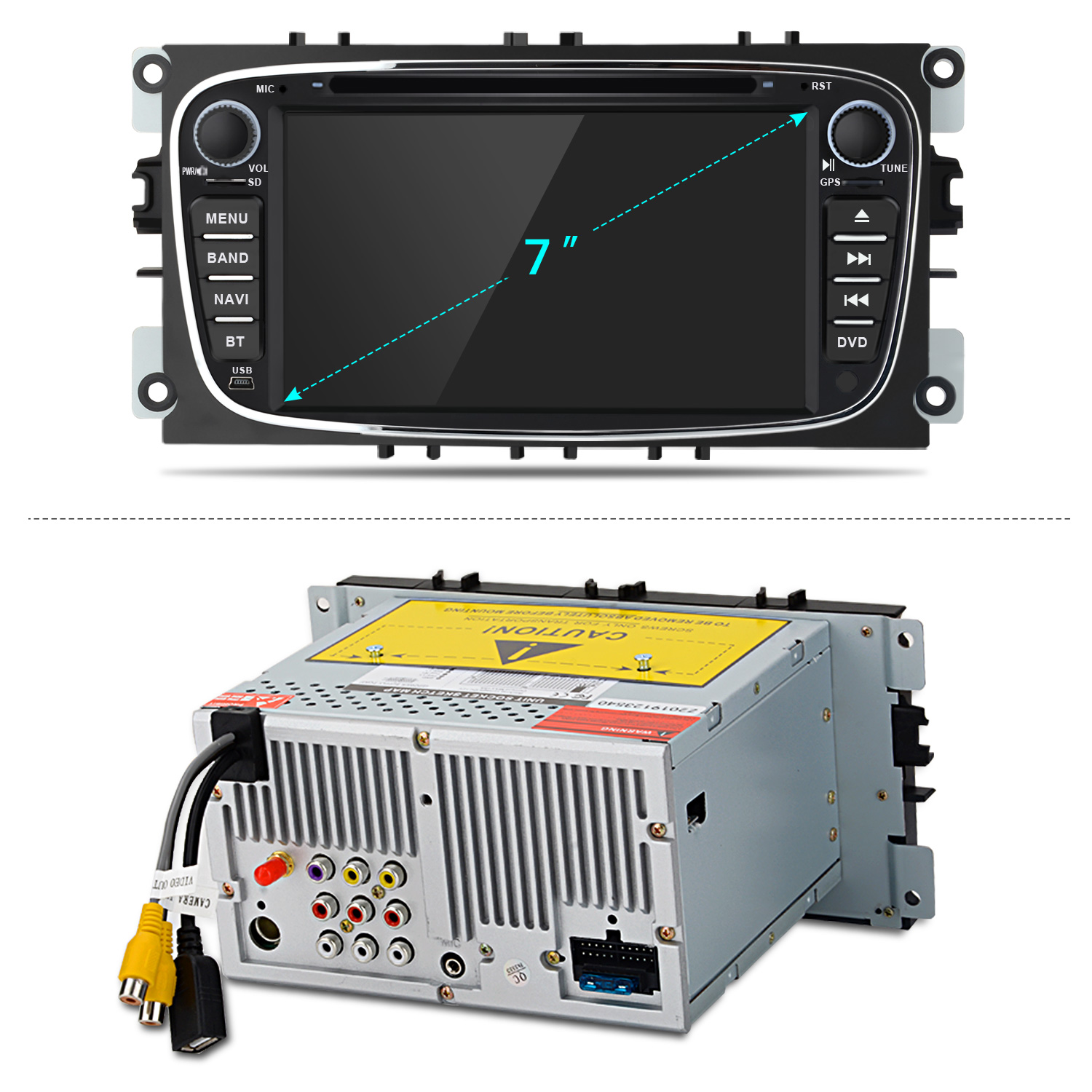 Vorderansicht eines 7-Zoll-Autoradios mit Tasten und Bildschirm. Rückansicht zeigt Anschlüsse und Kabel.
