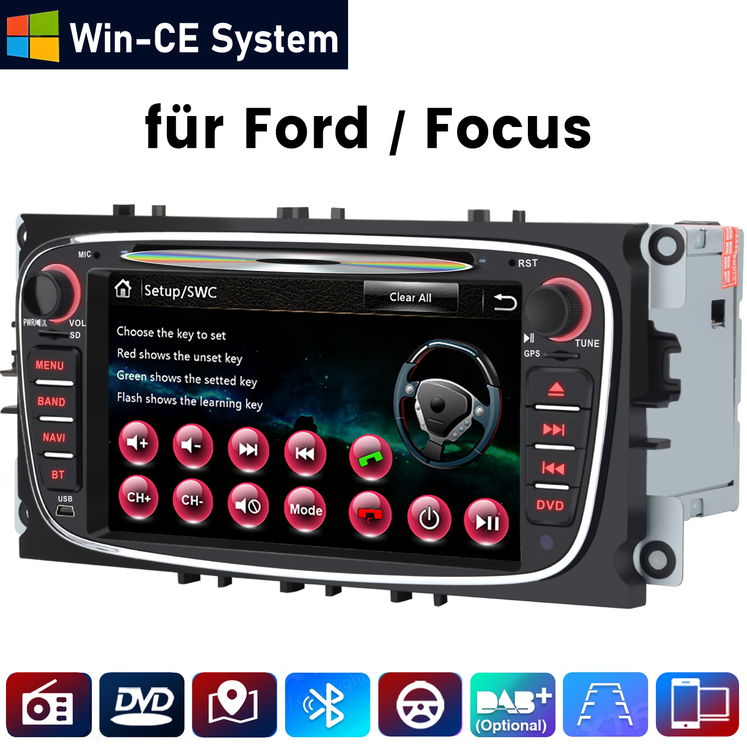 Win-CE System für Ford/Focus Autoradio mit Touchscreen und Bedienelementen.