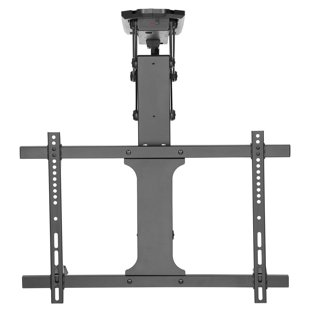 Un soporte de techo gris para televisores con brazos ajustables.
