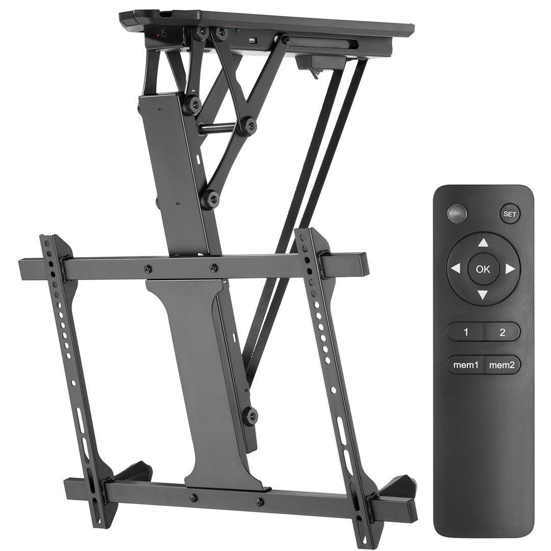 Un soporte de techo negro para TV con un control remoto al lado.